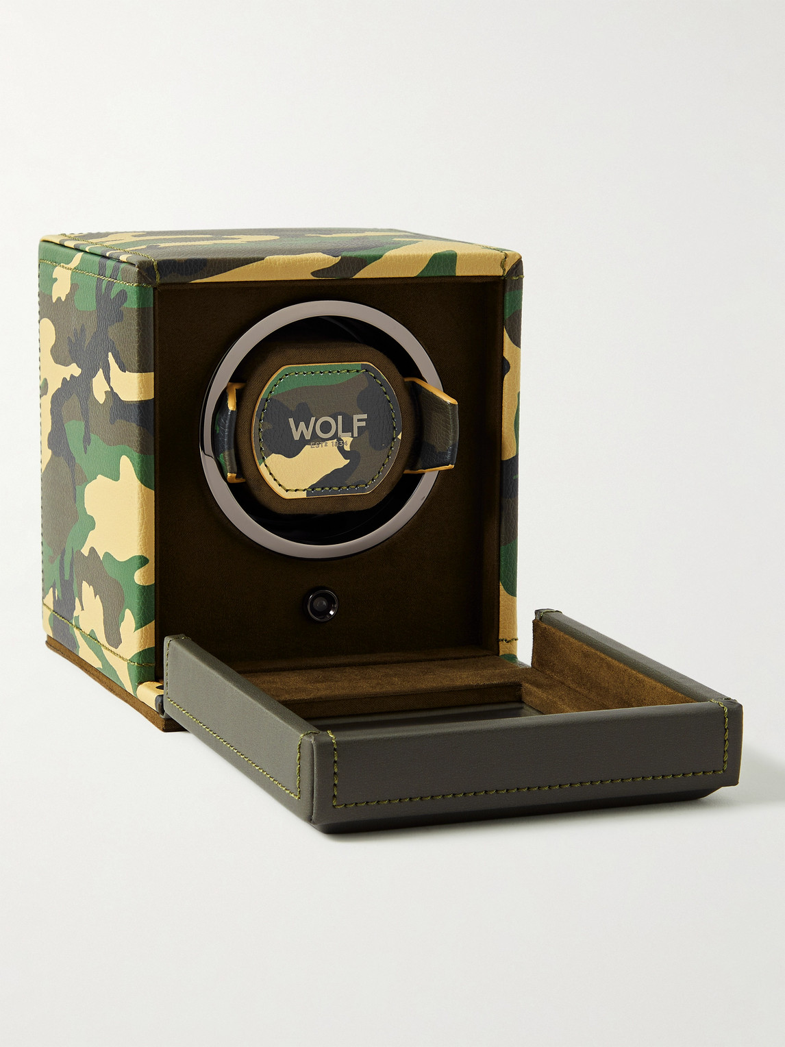 Shop Wolf Elements Cub Camouflage-print Full-grain Vegan Leather Single Watch Winder In Brown