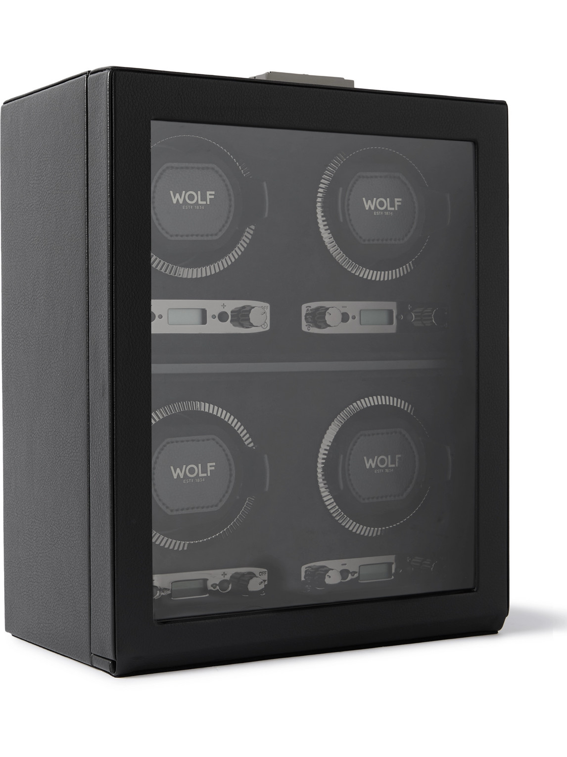 Wolf British Racing Pebble-grain Vegan Leather Four-piece Watch Winder In Black