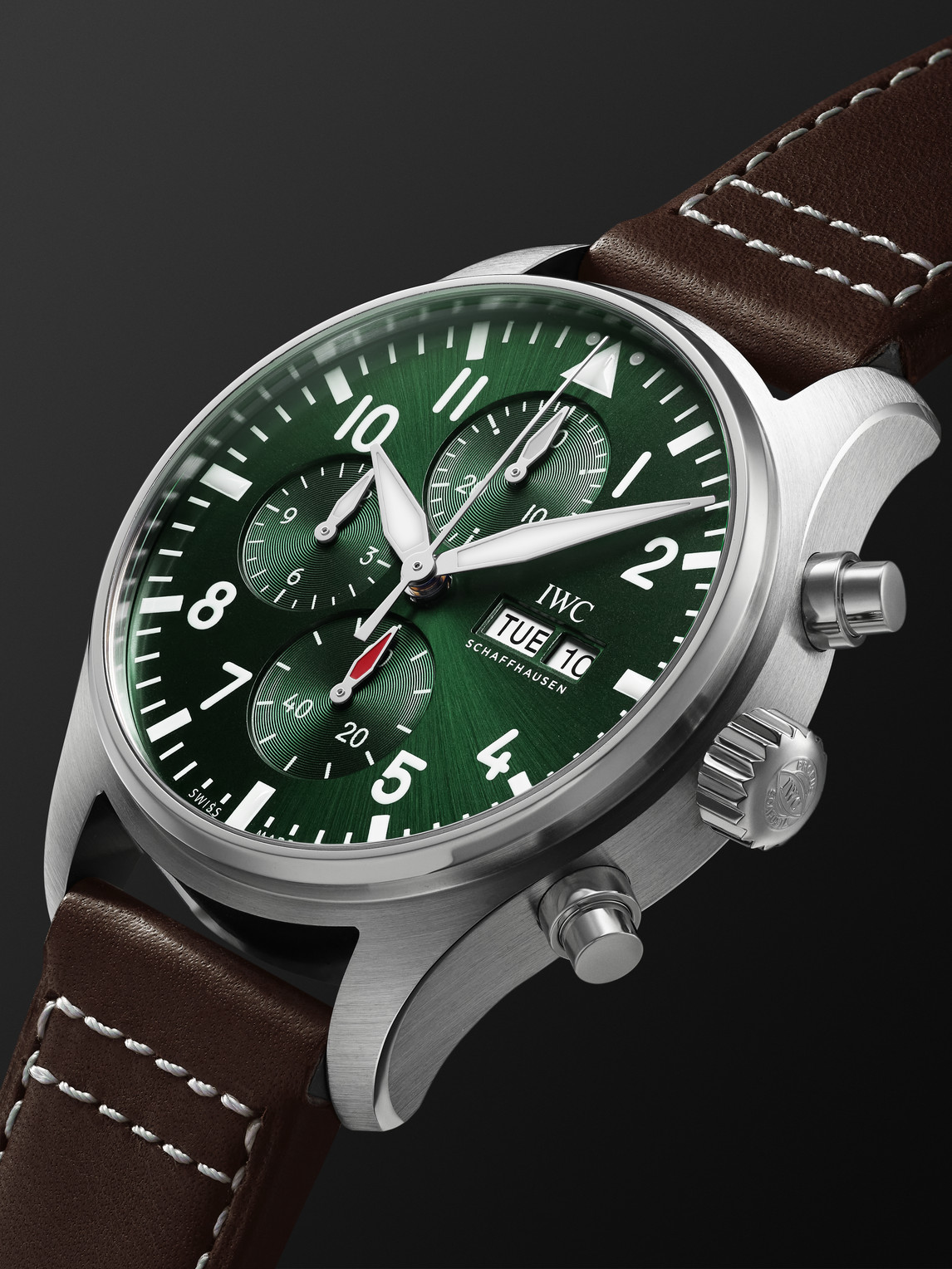 Shop Iwc Schaffhausen Pilot's Automatic Chronograph 43mm Stainless Steel And Leather Watch, Ref. No. Iw378005 In Green