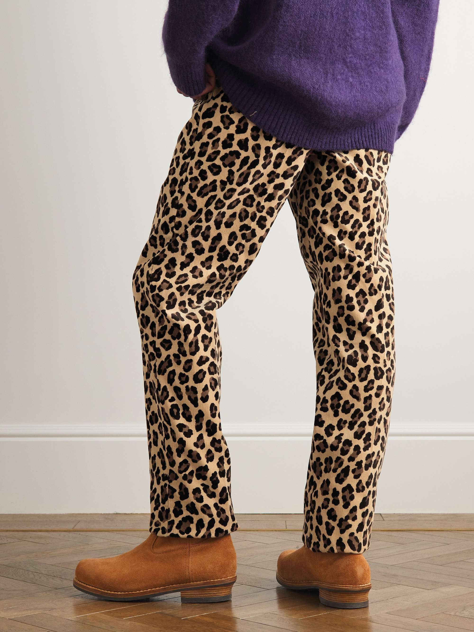 Pleated Leopard-Print Cotton-Corduroy Trousers