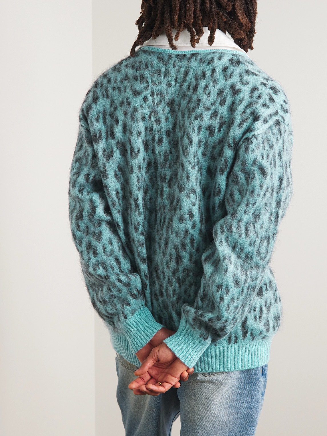 Wacko Maria Leopard Mohair Cardigan In Blue | ModeSens