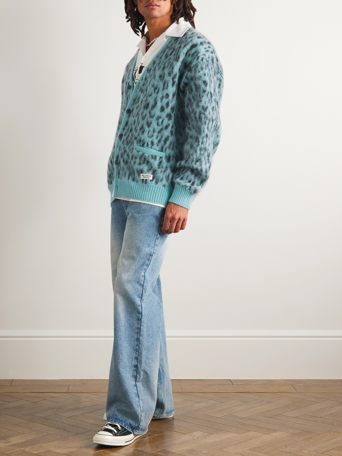 Wacko Maria Leopard Mohair Cardigan In Blue | ModeSens