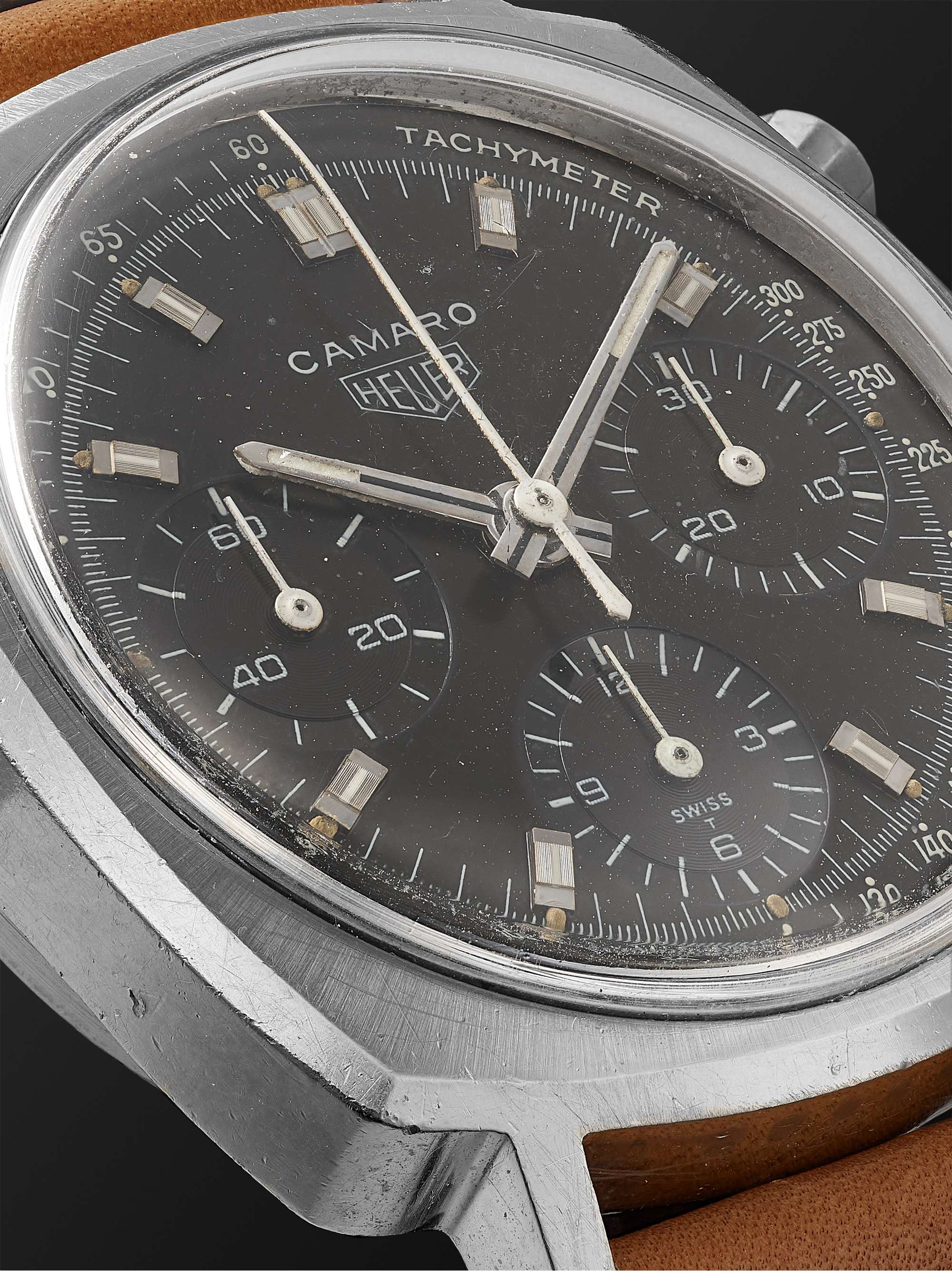 WIND VINTAGE Vintage 1969 Heuer Camaro Hand-Wound Chronograph Stainless Steel and Leather Watch, Ref. No. 7220NT