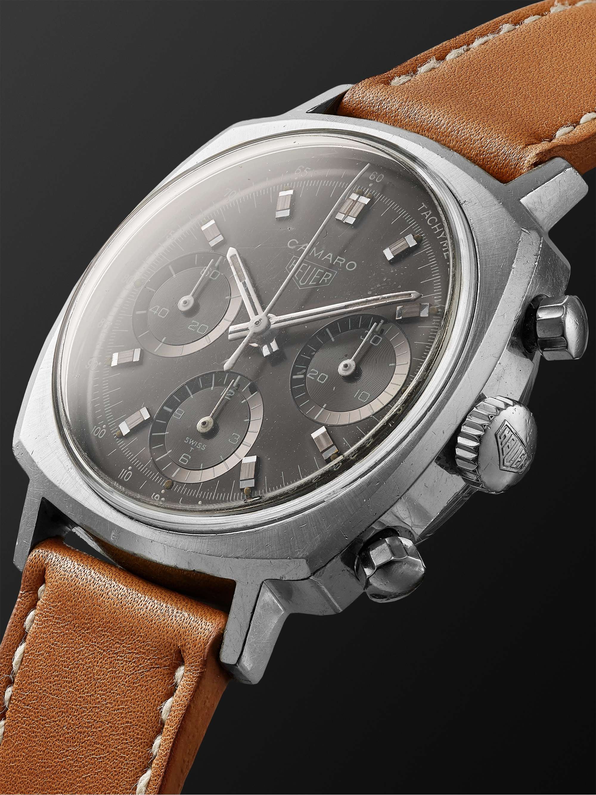 WIND VINTAGE Vintage 1969 Heuer Camaro Hand-Wound Chronograph Stainless Steel and Leather Watch, Ref. No. 7220NT
