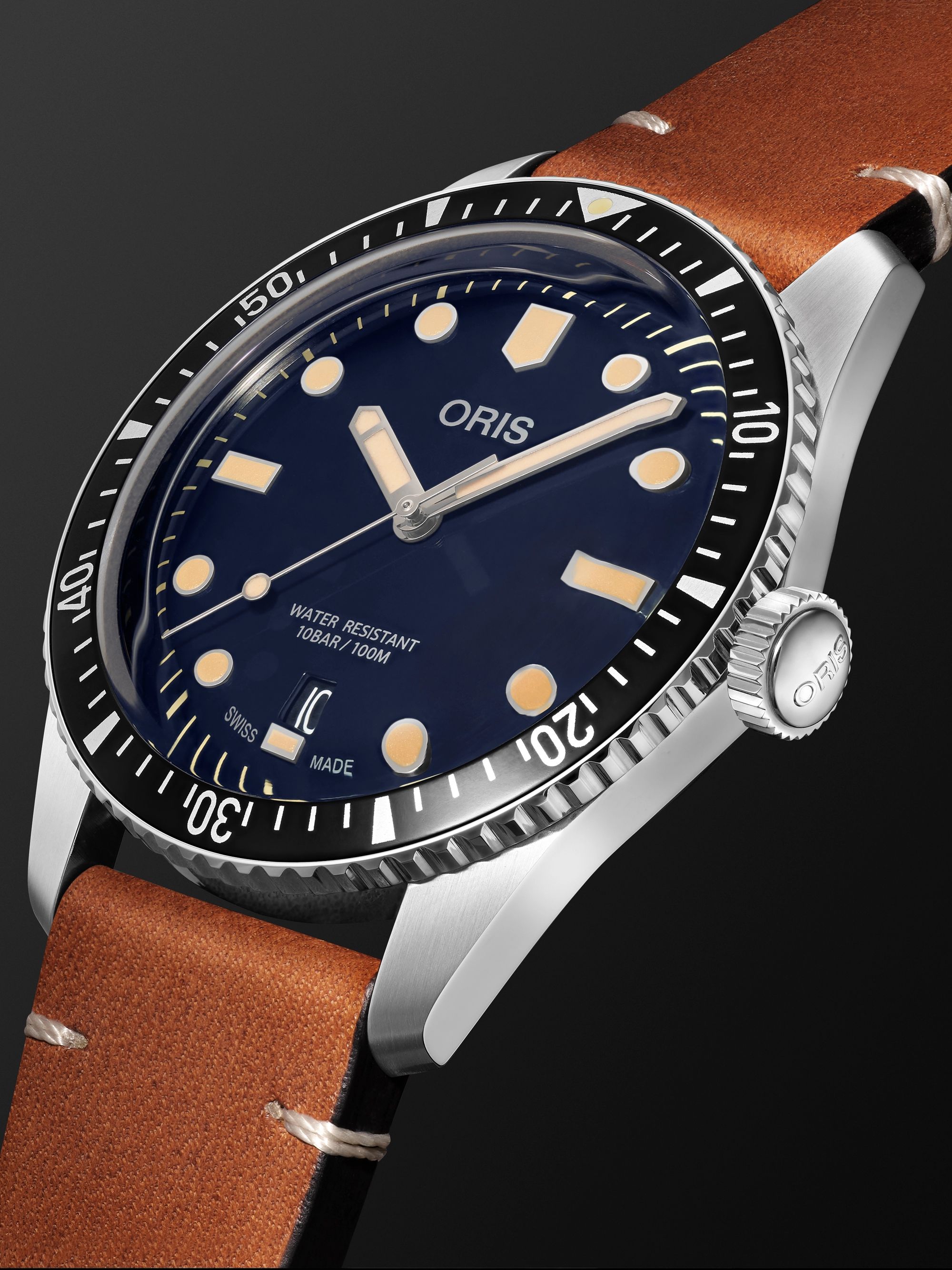 ORIS Divers Sixty-Five Date Automatic 40mm Stainless Steel and Leather Watch, Ref. No. 01 733 7707 4055-07 5 20 45