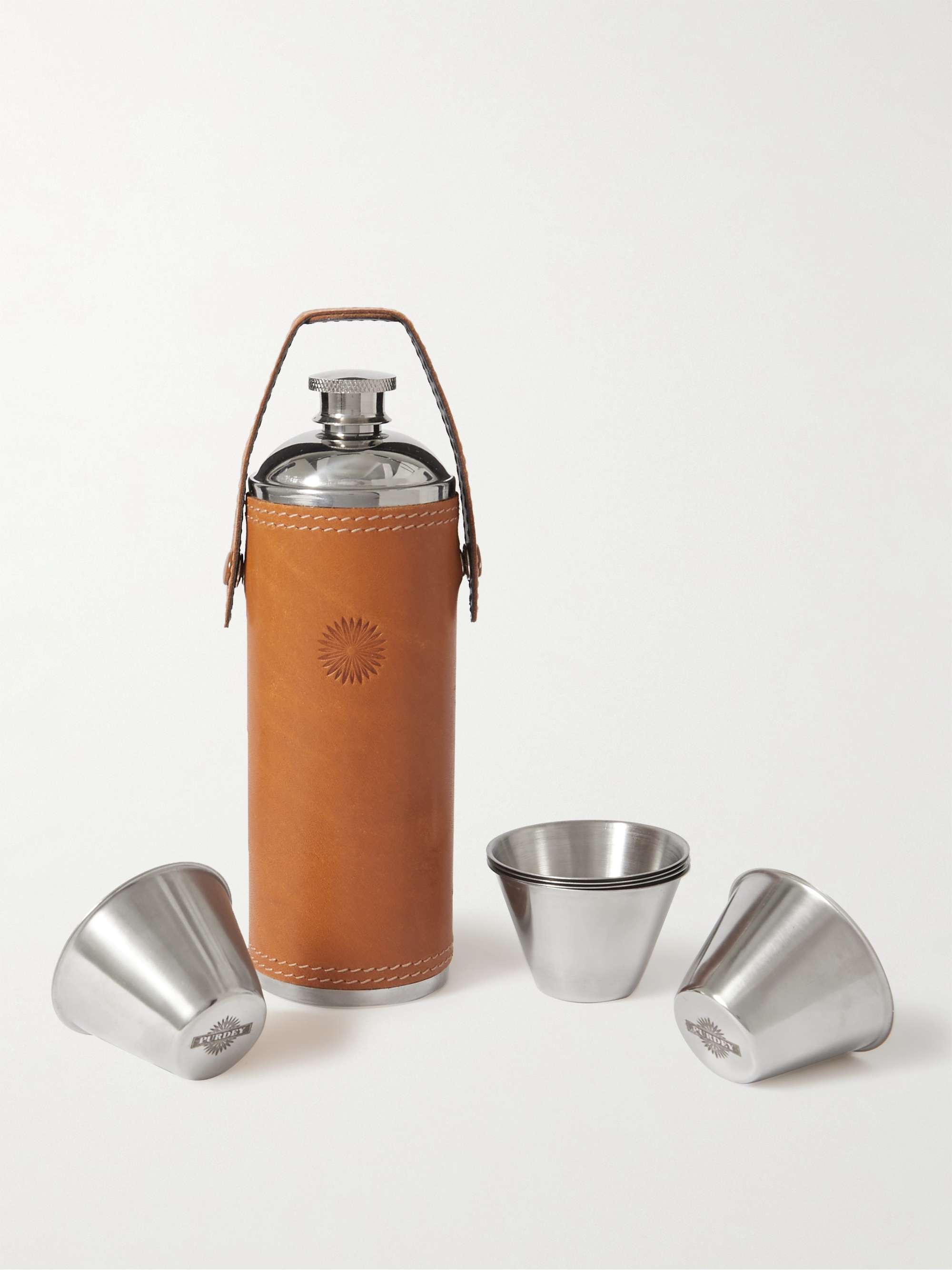 PURDEY Debossed Leather and Stainless Steel Flask Set