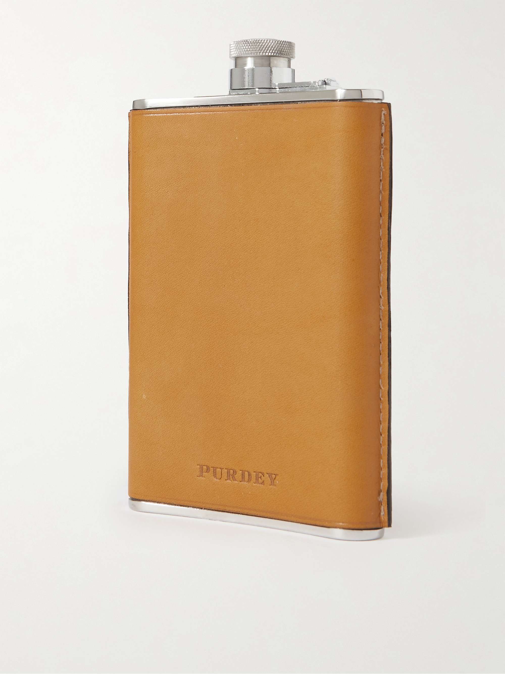 PURDEY 8oz Logo-Debossed Leather and Stainless Steel Flask