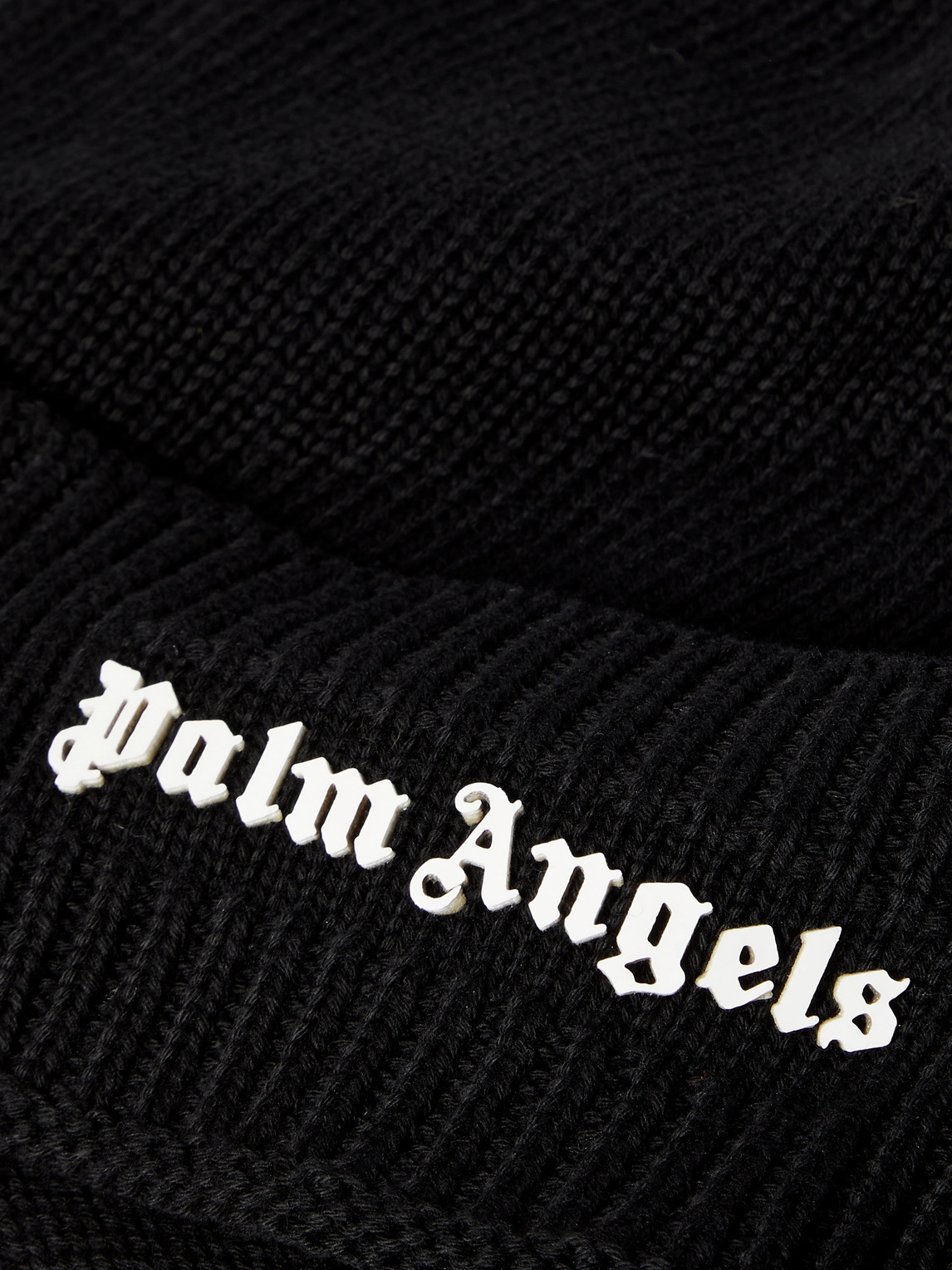 Shop Palm Angels Logo-flocked Ribbed Cotton Beanie In Black