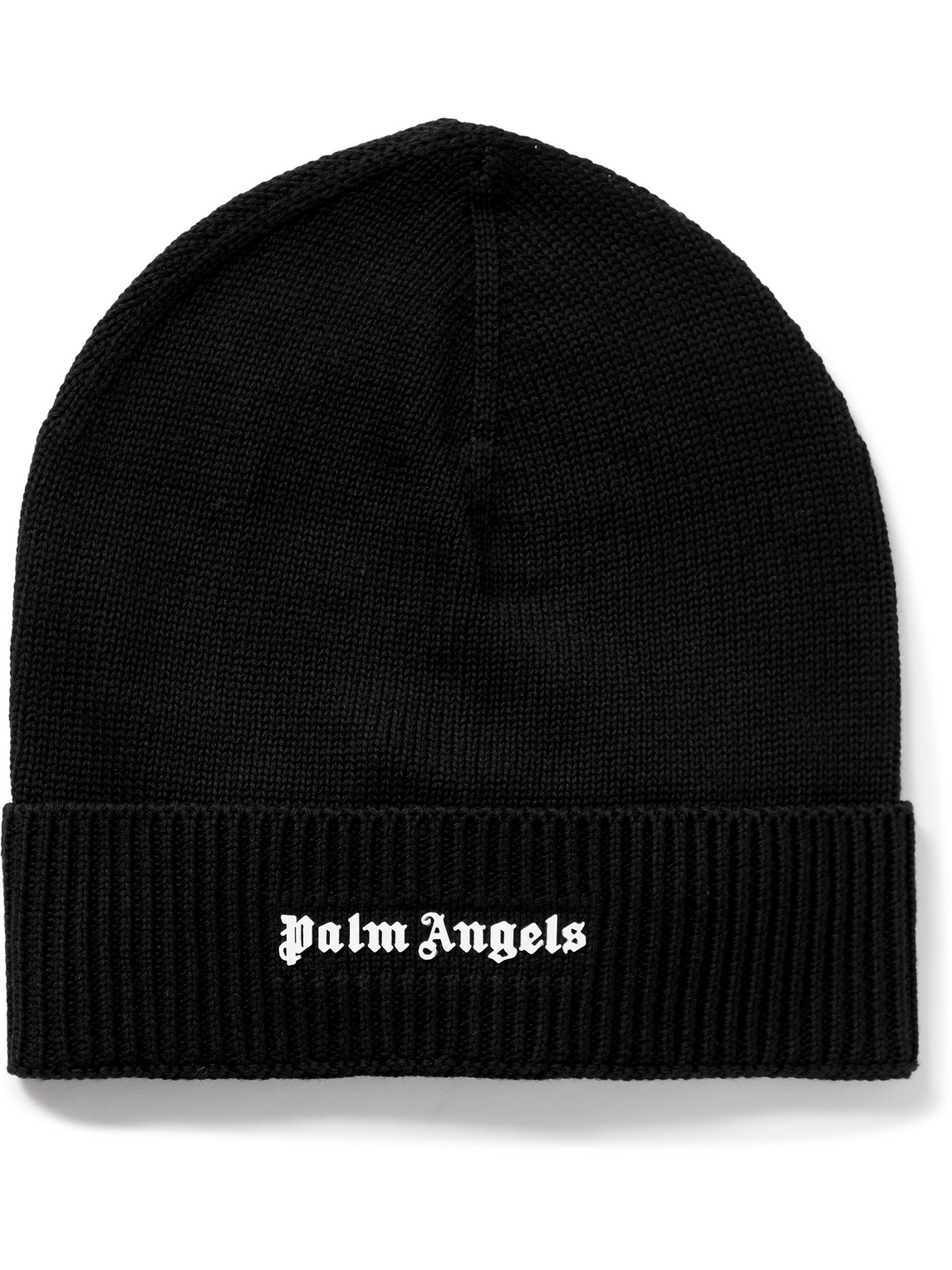 Palm Angels Logo-flocked Ribbed Cotton Beanie In Black