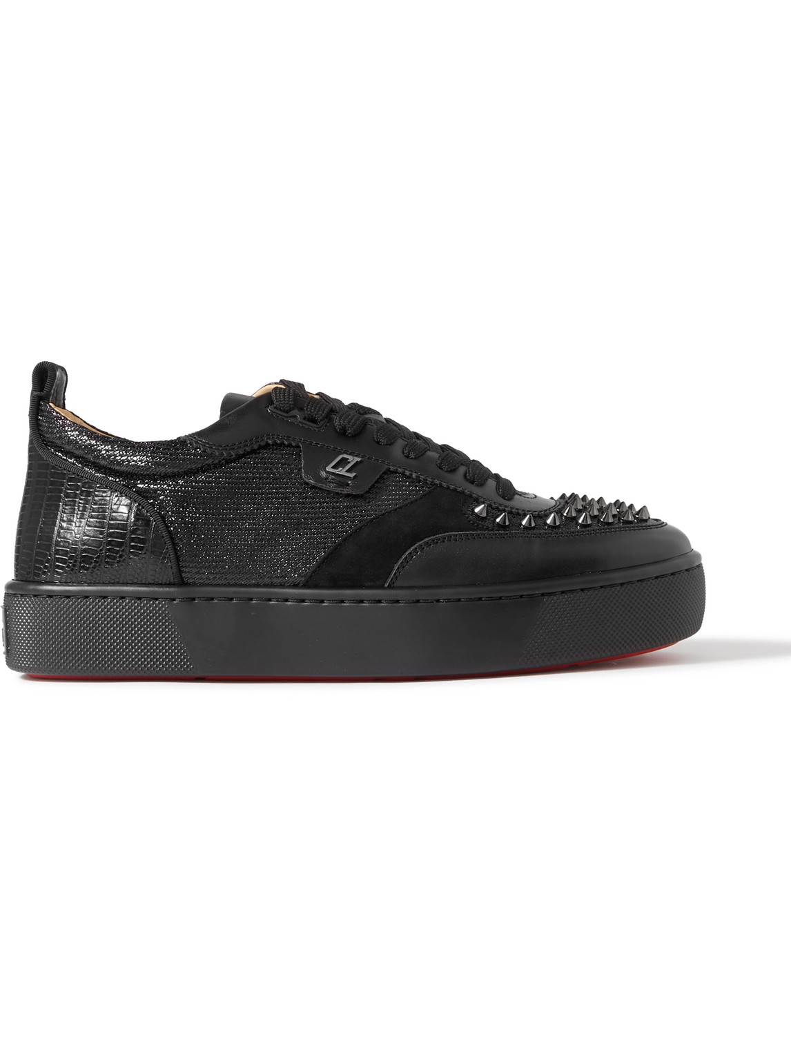 Christian Louboutin Happrui Spikes Suede And Leather-trimmed Mesh Trainers In Black