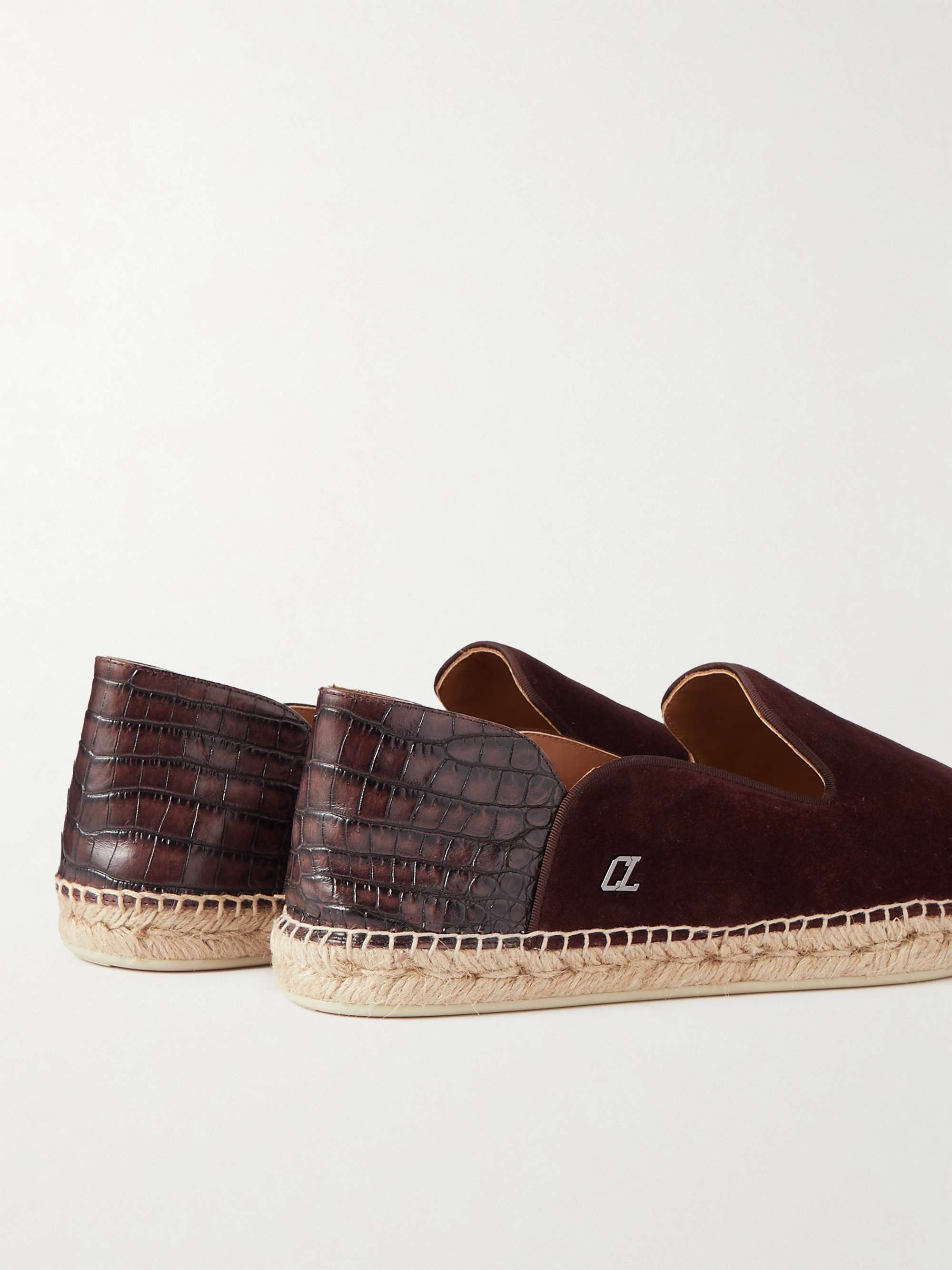 CHRISTIAN LOUBOUTIN Espadron Croc-Effect Leather-Trimmed Collapsible-Heel Suede Espadrilles