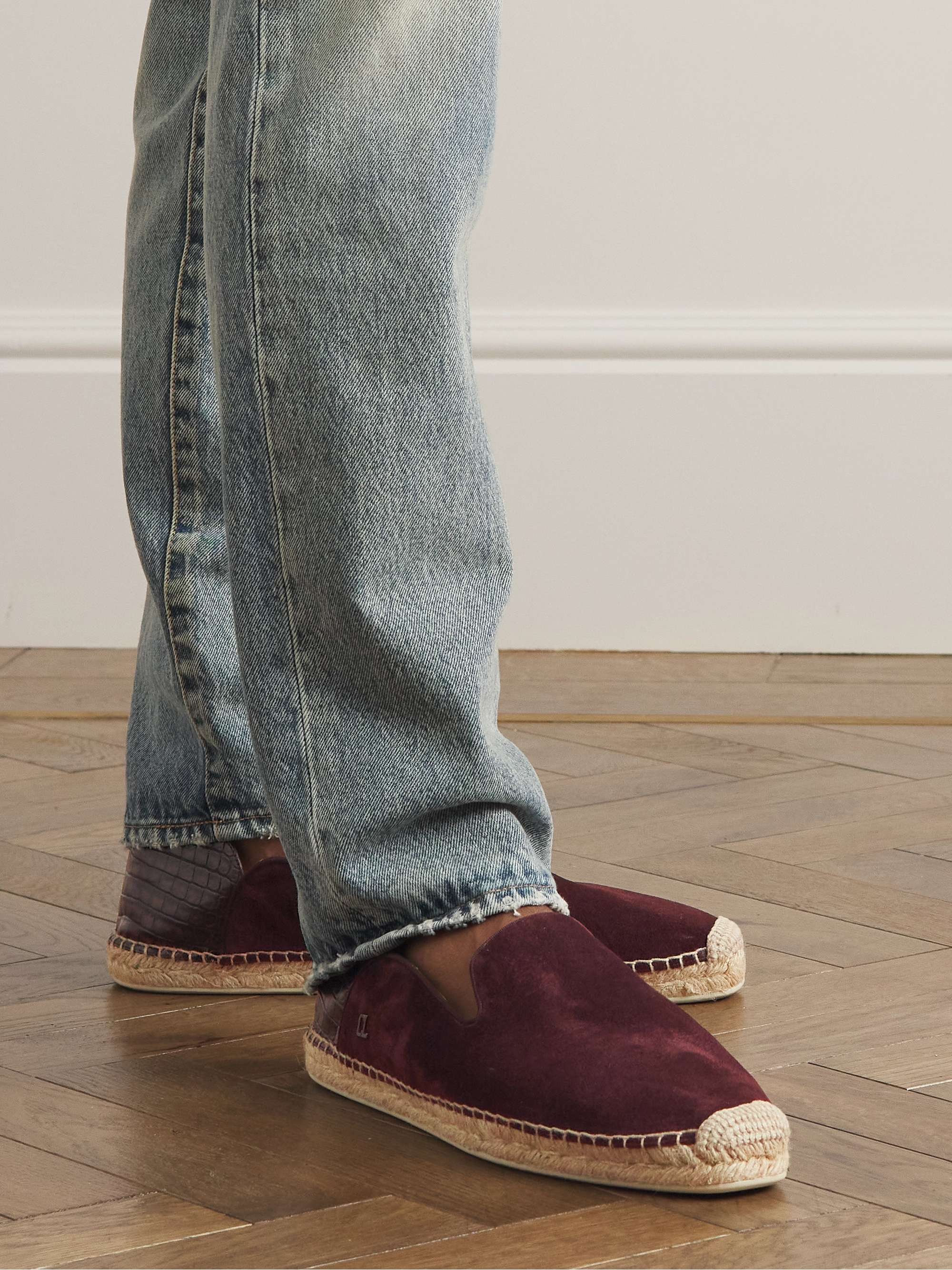 CHRISTIAN LOUBOUTIN Espadron Croc-Effect Leather-Trimmed Collapsible-Heel Suede Espadrilles