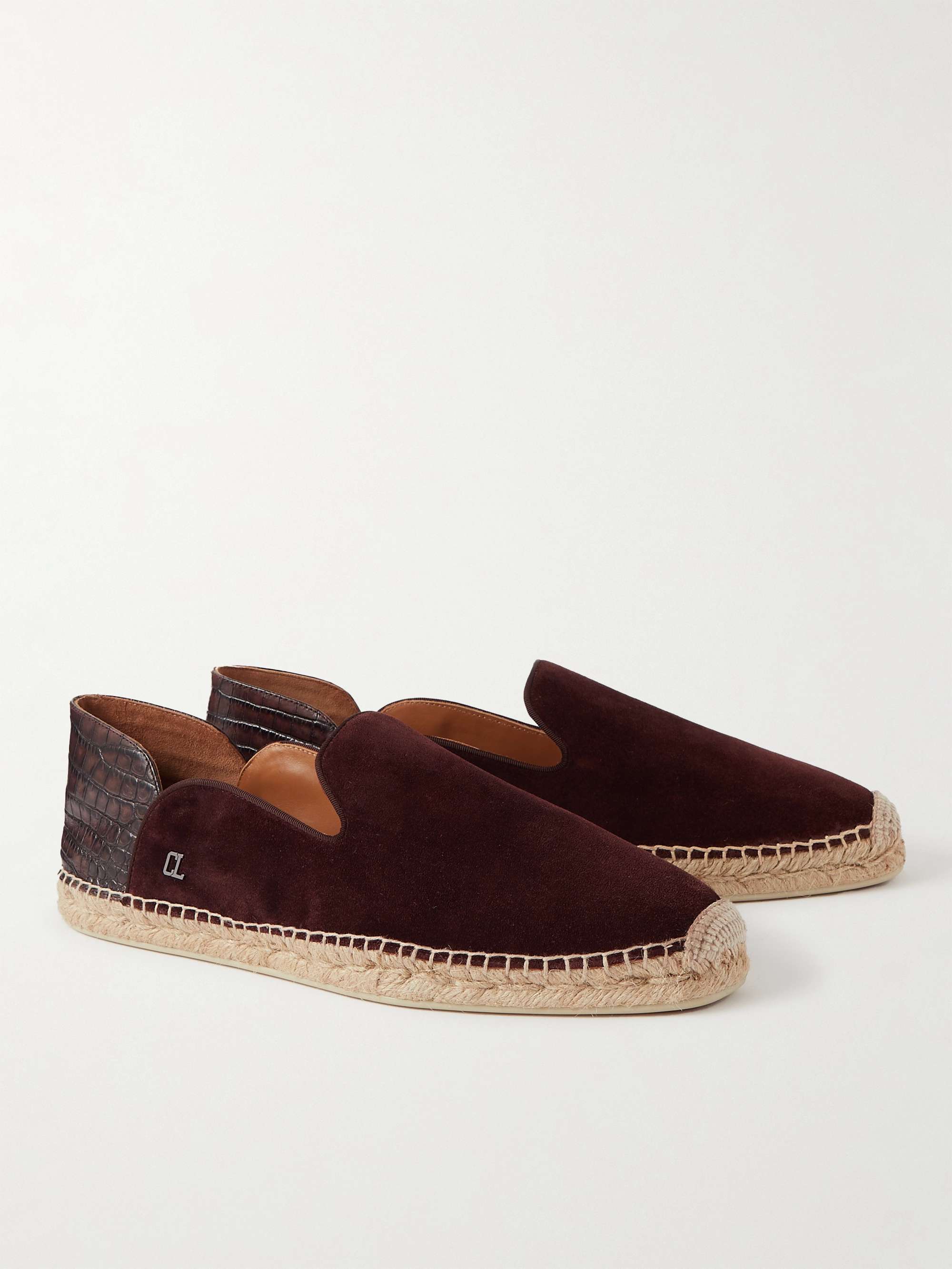 CHRISTIAN LOUBOUTIN Espadron Croc-Effect Leather-Trimmed Collapsible-Heel Suede Espadrilles