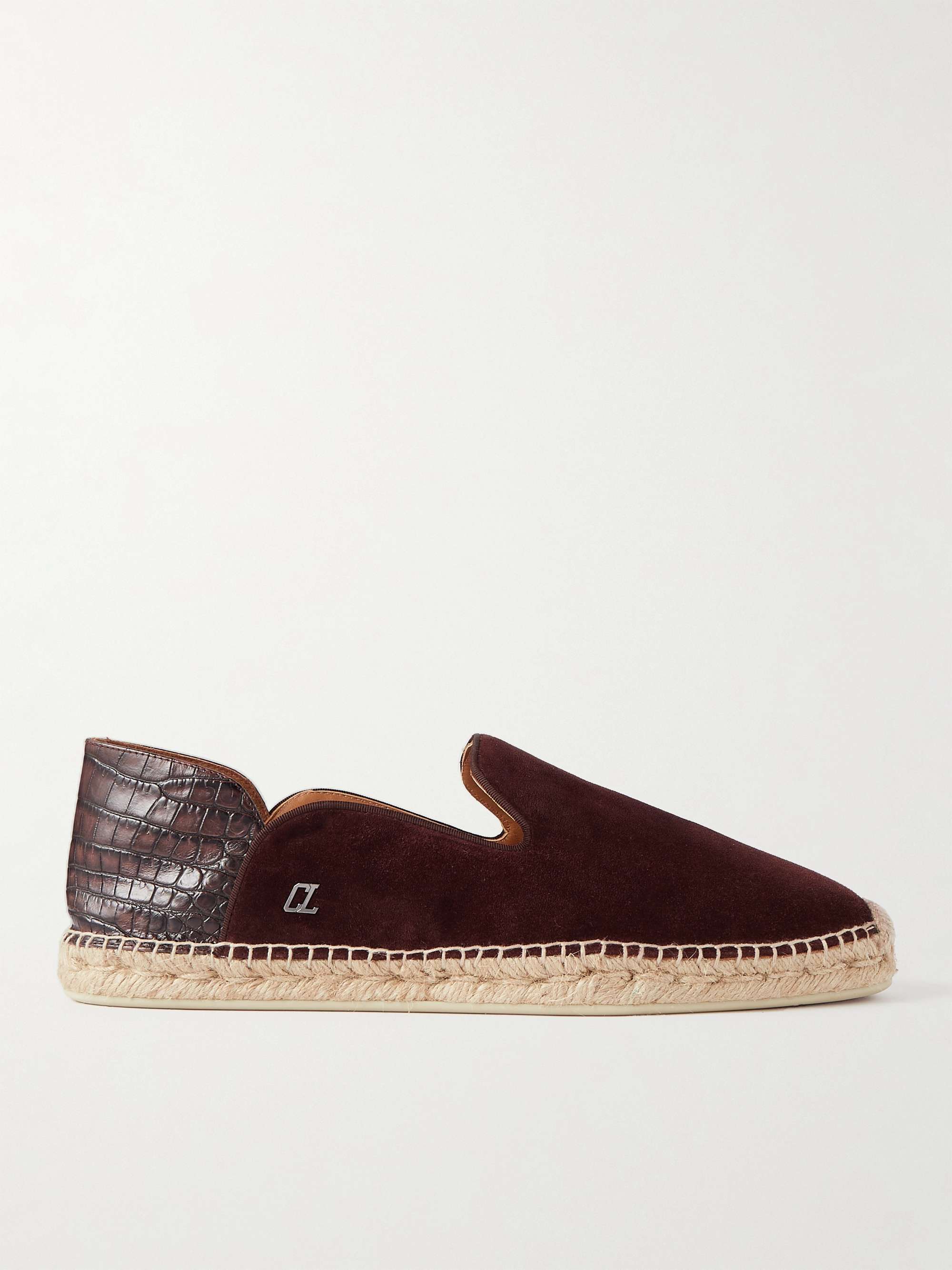 CHRISTIAN LOUBOUTIN Espadron Croc-Effect Leather-Trimmed Collapsible-Heel Suede Espadrilles
