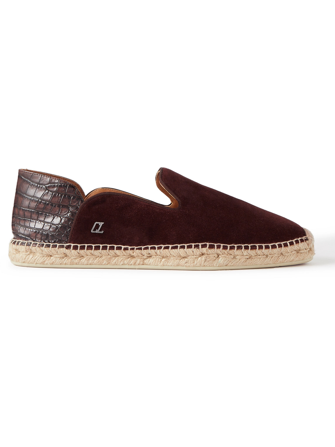 Christian Louboutin Espadron Croc-effect Leather-trimmed Collapsible-heel Suede Espadrilles In Brown