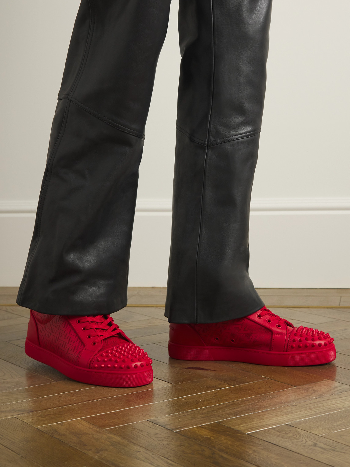 Shop Christian Louboutin Louis Junior Spikes Cap-toe Leather Sneakers In Red