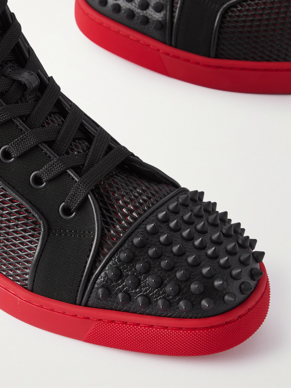 Shop Christian Louboutin Lou Spikes Studded Leather, Mesh And Canvas High-top Sneakers In Black