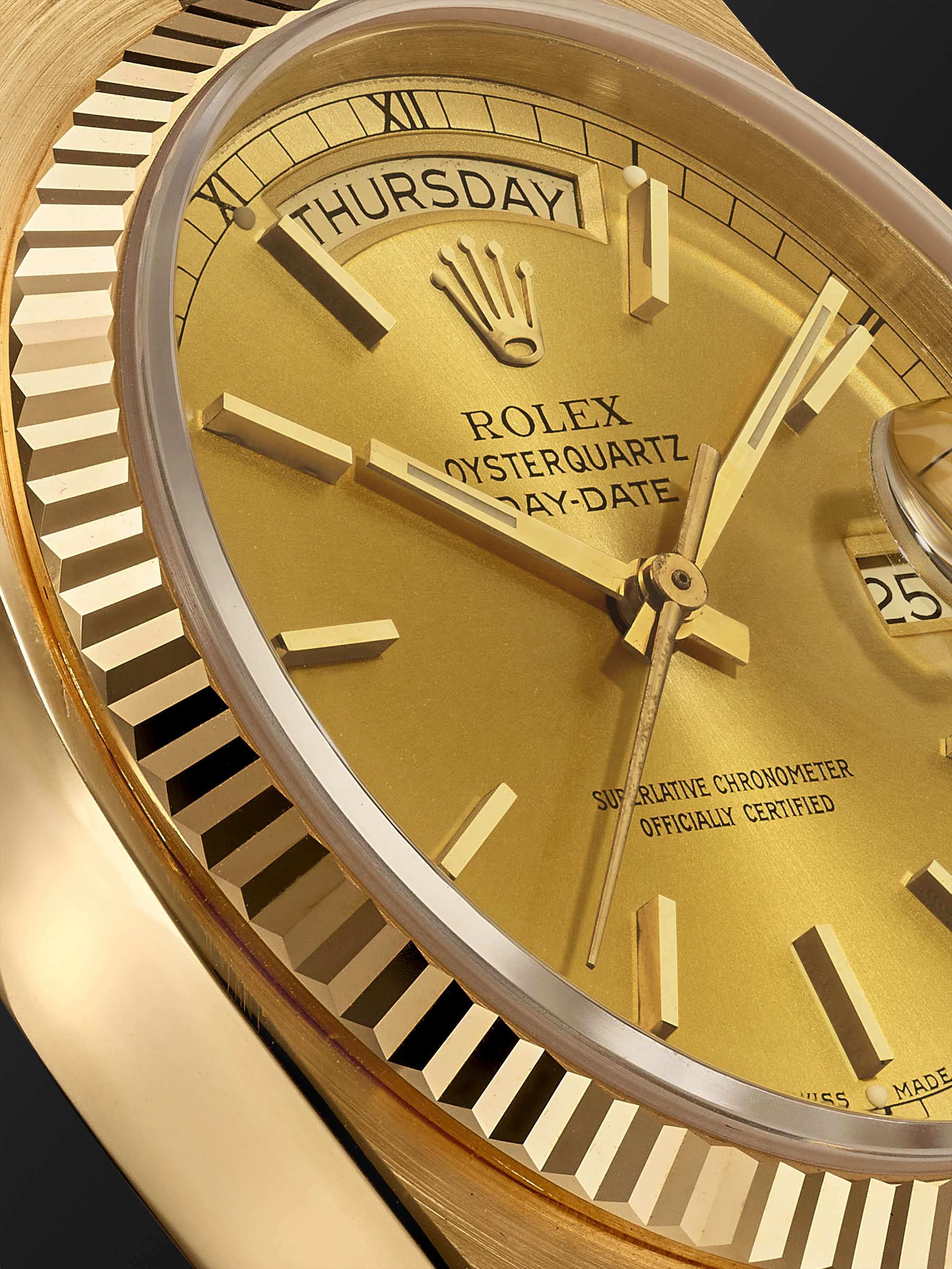 WATCH BROTHERS LONDON Vintage 1981 Rolex Oysterquartz Day-Date 36mm 18-Karat Gold Watch, Ref. No. 19018