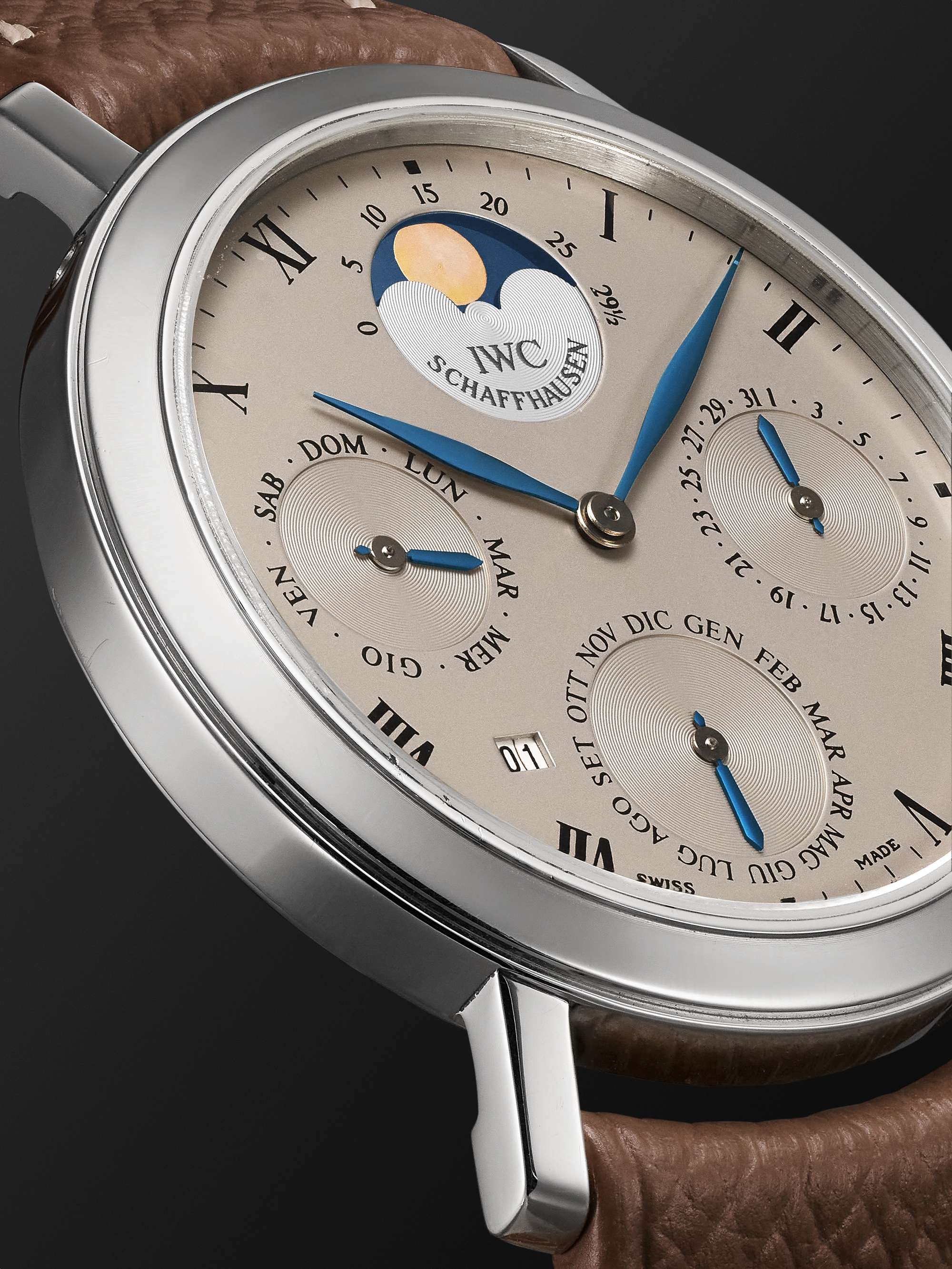 WATCH BROTHERS LONDON Vintage 1994 IWC Romana Automatic Perpetual Calendar 36mm Platinum and Full-Grain Leather Watch, Ref. No. 2050