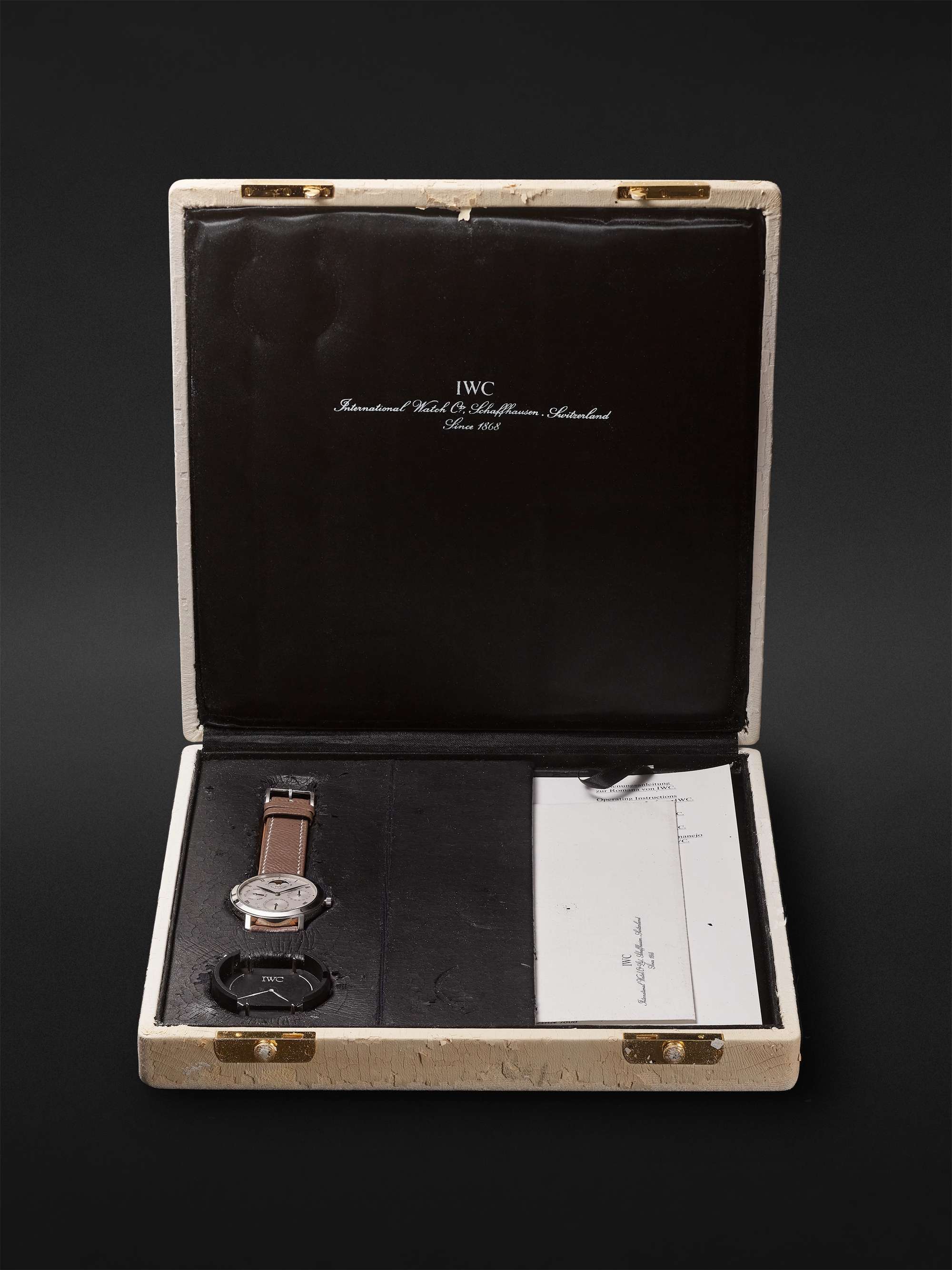 WATCH BROTHERS LONDON Vintage 1994 IWC Romana Automatic Perpetual Calendar 36mm Platinum and Full-Grain Leather Watch, Ref. No. 2050