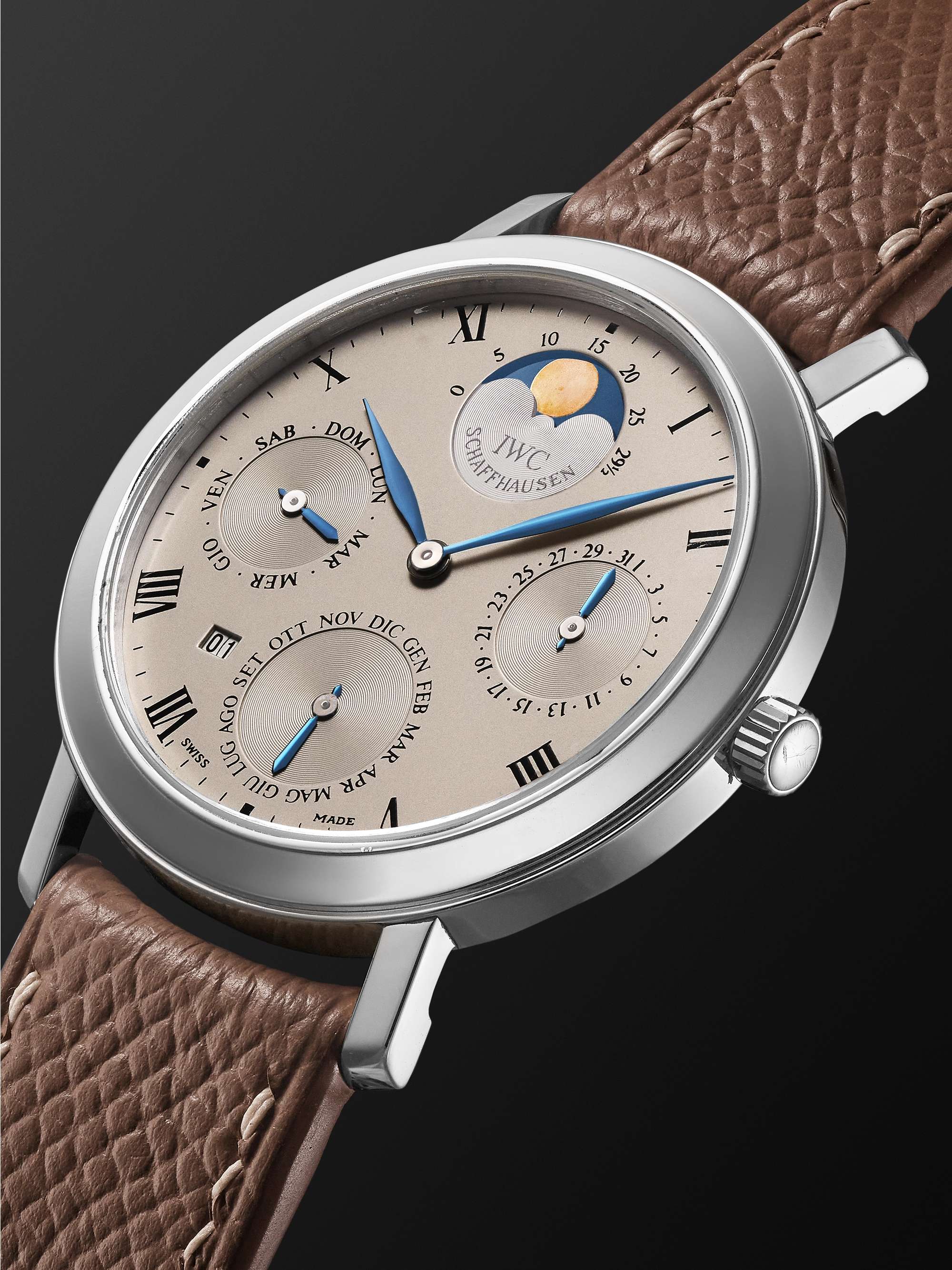 WATCH BROTHERS LONDON Vintage 1994 IWC Romana Automatic Perpetual Calendar 36mm Platinum and Full-Grain Leather Watch, Ref. No. 2050