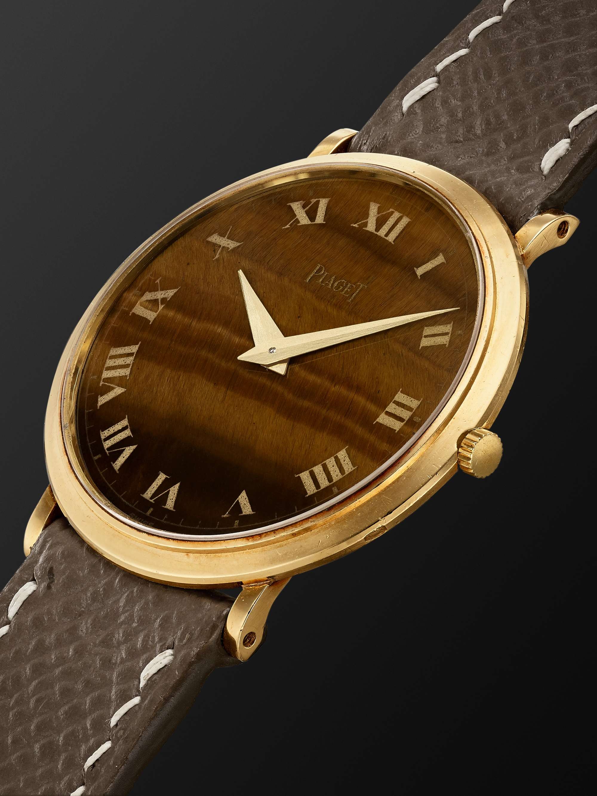 WATCH BROTHERS LONDON Vintage 1970s Piaget Ultra-Thin Tiger Eye Hand-Wound 31mm 18-Karat Gold and Leather Watch, Ref. No. 902