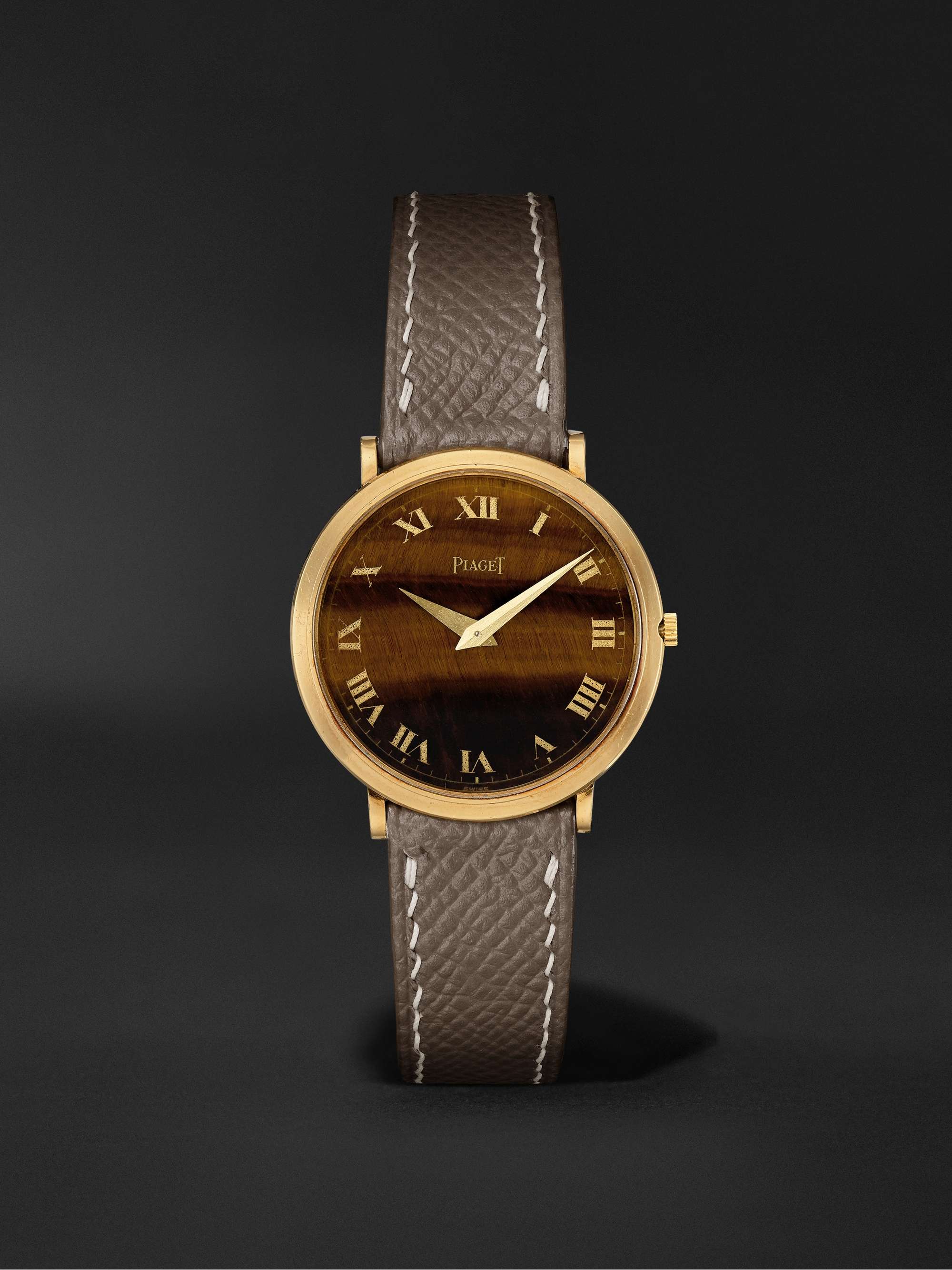 WATCH BROTHERS LONDON Vintage 1970s Piaget Ultra-Thin Tiger Eye Hand-Wound 31mm 18-Karat Gold and Leather Watch, Ref. No. 902