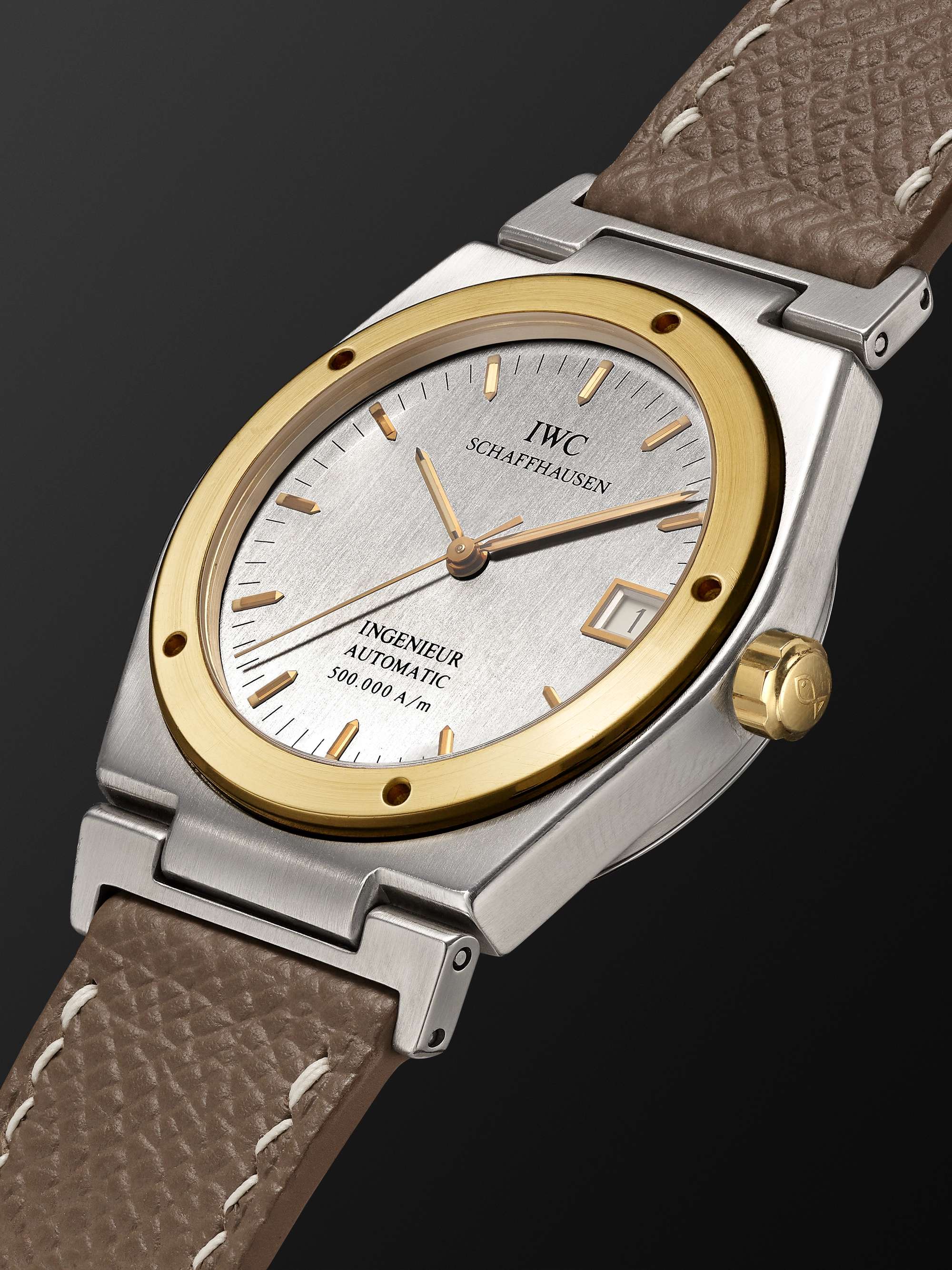 WATCH BROTHERS LONDON ساعة IWC Ingenieur المملوكة مسبقاً من التسعينات أوتوماتيكية من الذهب عيار 18 قيراط والفولاذ والجلد المحبب بالكامل بقطر 34 مم، الرقم المرجعي 3518
