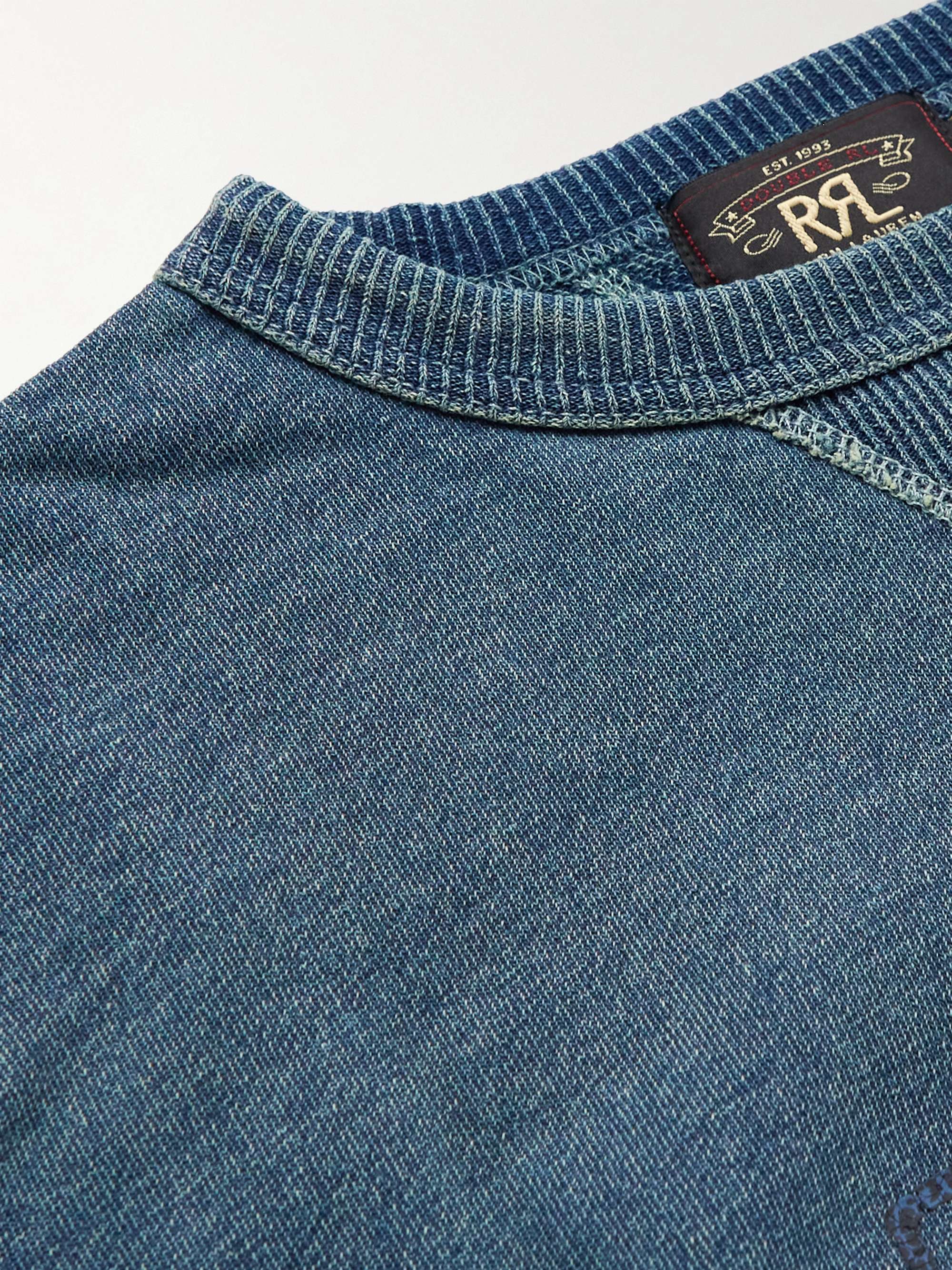 RRL Distressed Indigo-Dyed Logo-Print Cotton-Jersey Sweatshirt