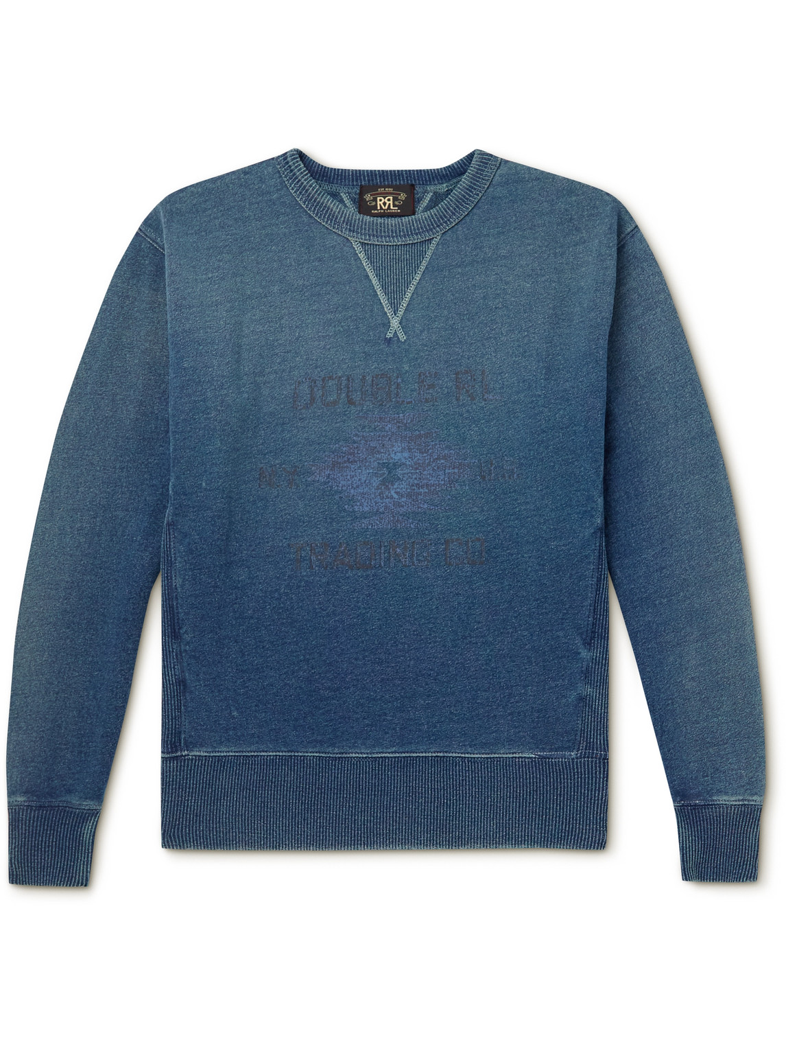 RRL DISTRESSED INDIGO-DYED LOGO-PRINT COTTON-JERSEY SWEATSHIRT