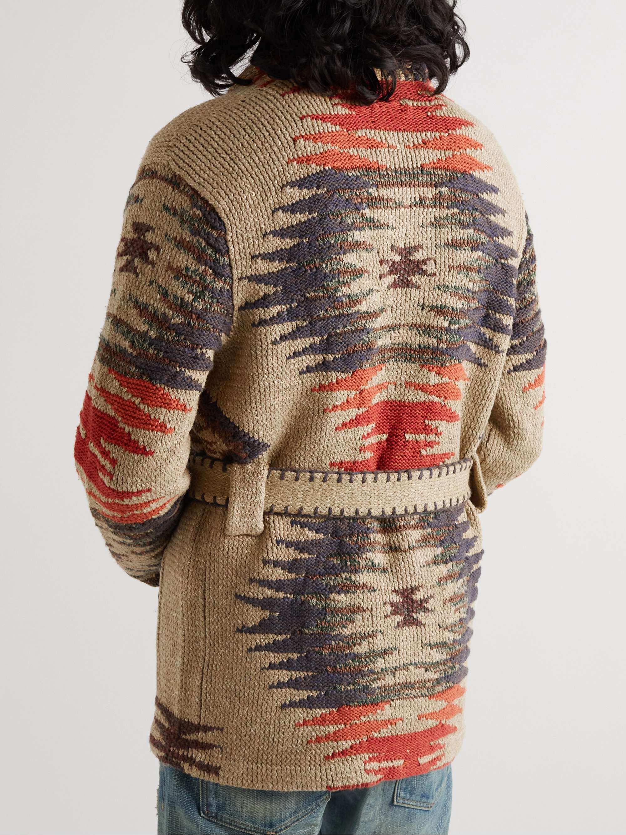 RRL Belted Intarsia Silk, Cotton, Linen and Wool-Blend Cardigan