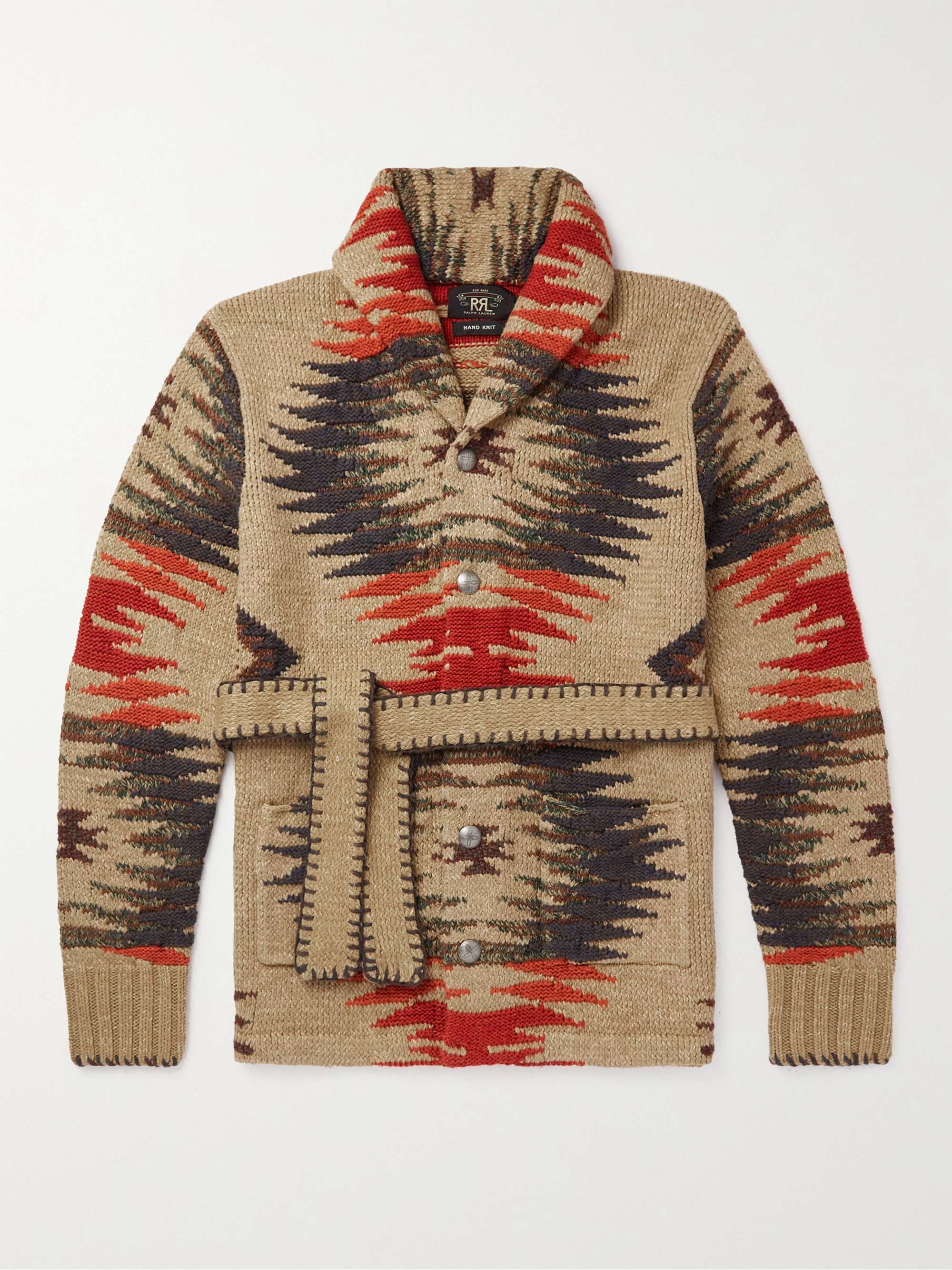 RRL Belted Intarsia Silk, Cotton, Linen and Wool-Blend Cardigan