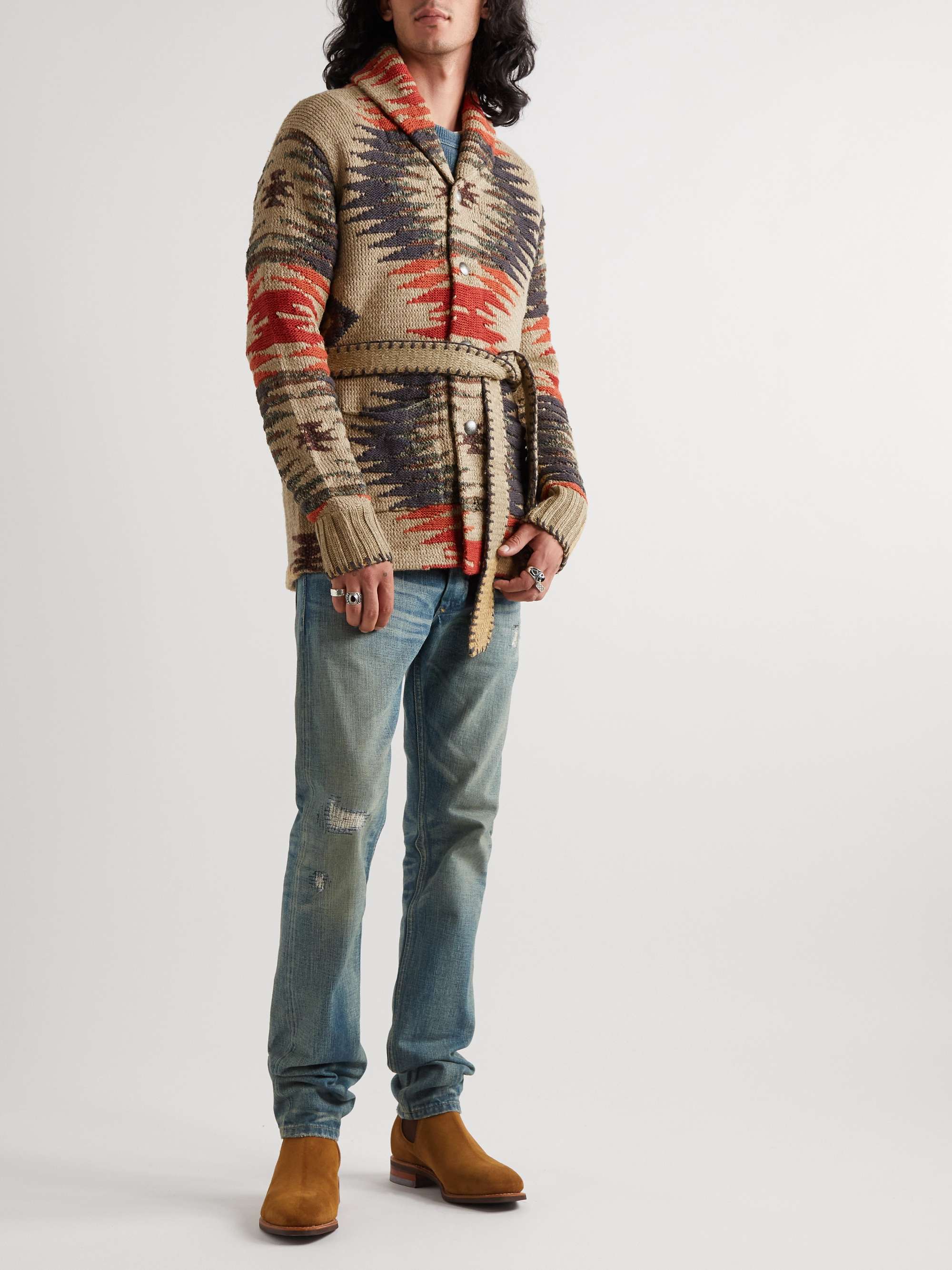 RRL Belted Intarsia Silk, Cotton, Linen and Wool-Blend Cardigan