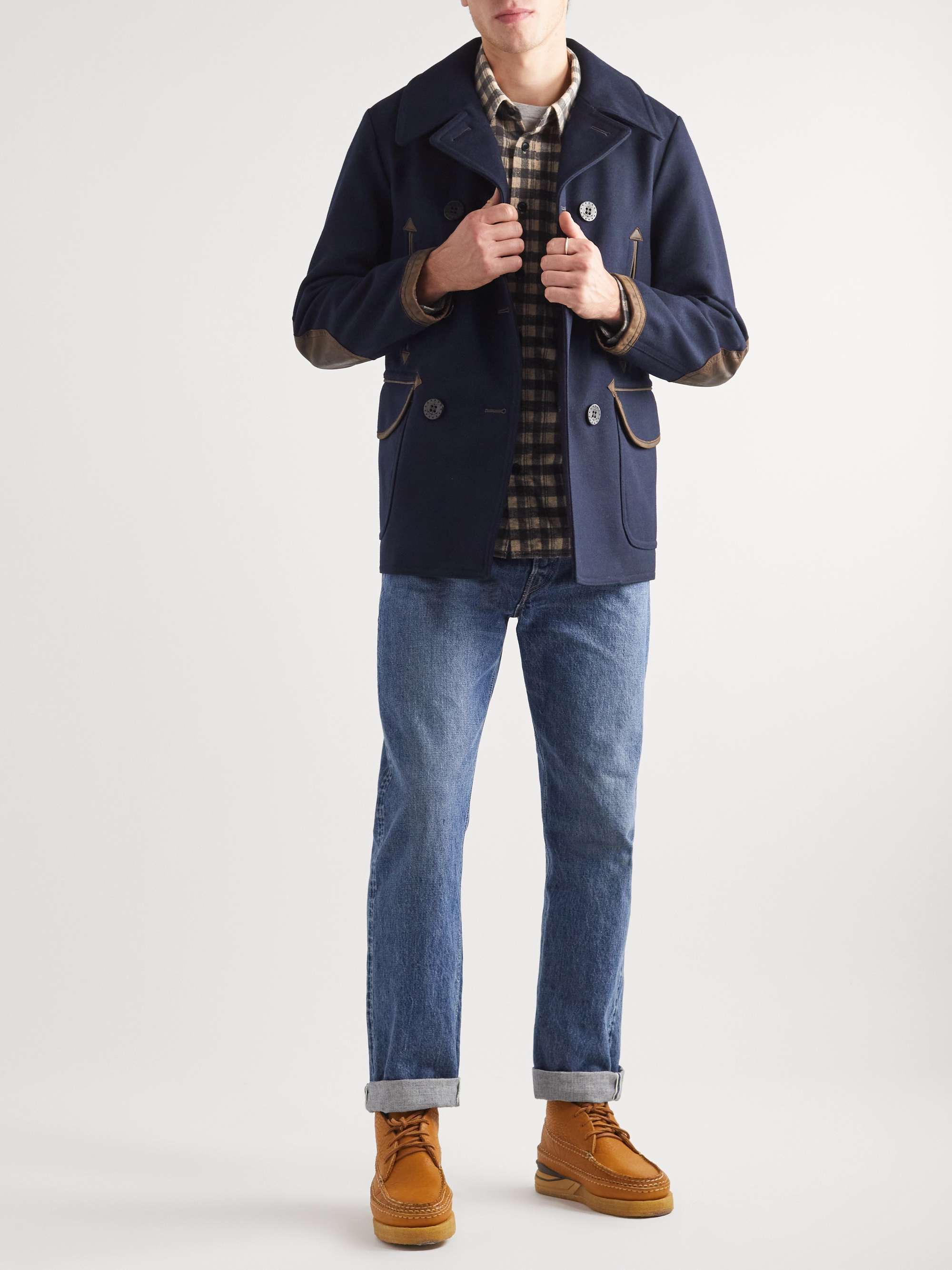 RRL Oakland Double-Breasted Leather-Trimmed Wool-Blend Coat