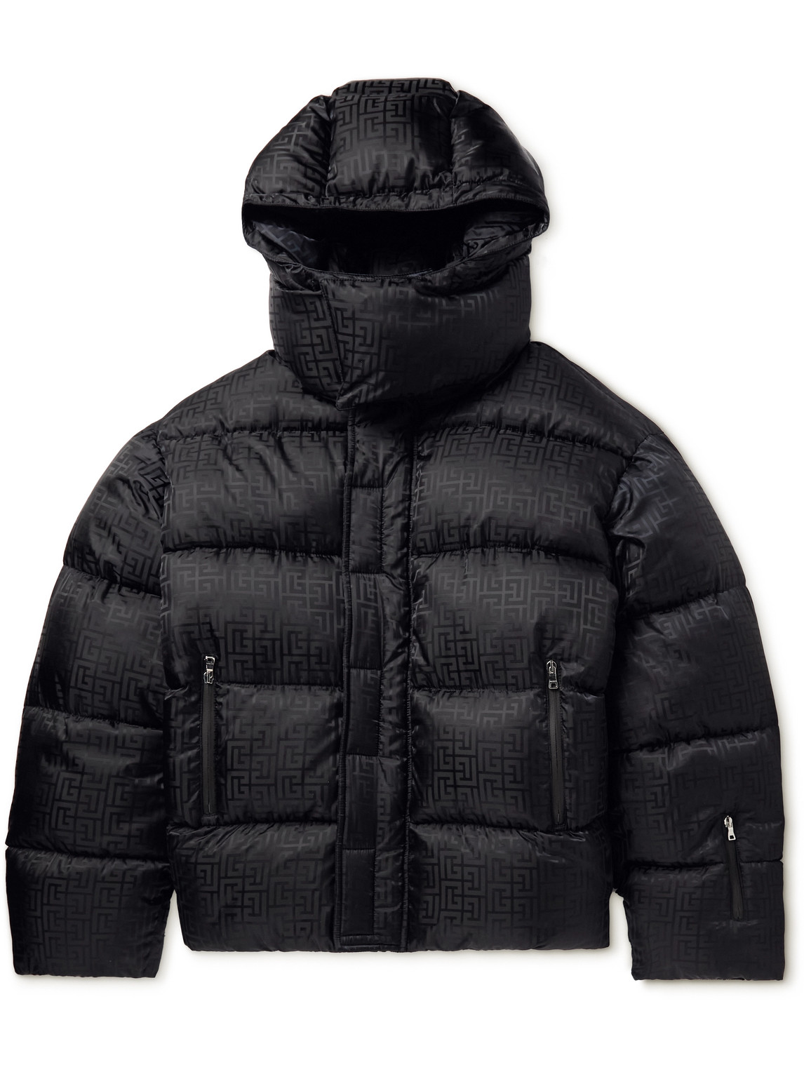 Balmain Monogram Padded Quilted Shell Hooded Jacket In Black