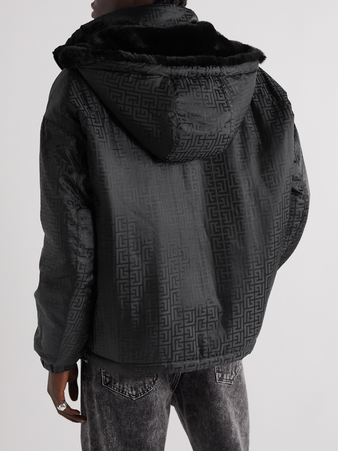  Balmain - Faux Fur-trimmed Padded Monogrammed Shell Hooded Jacket - Men - Black - It 44 