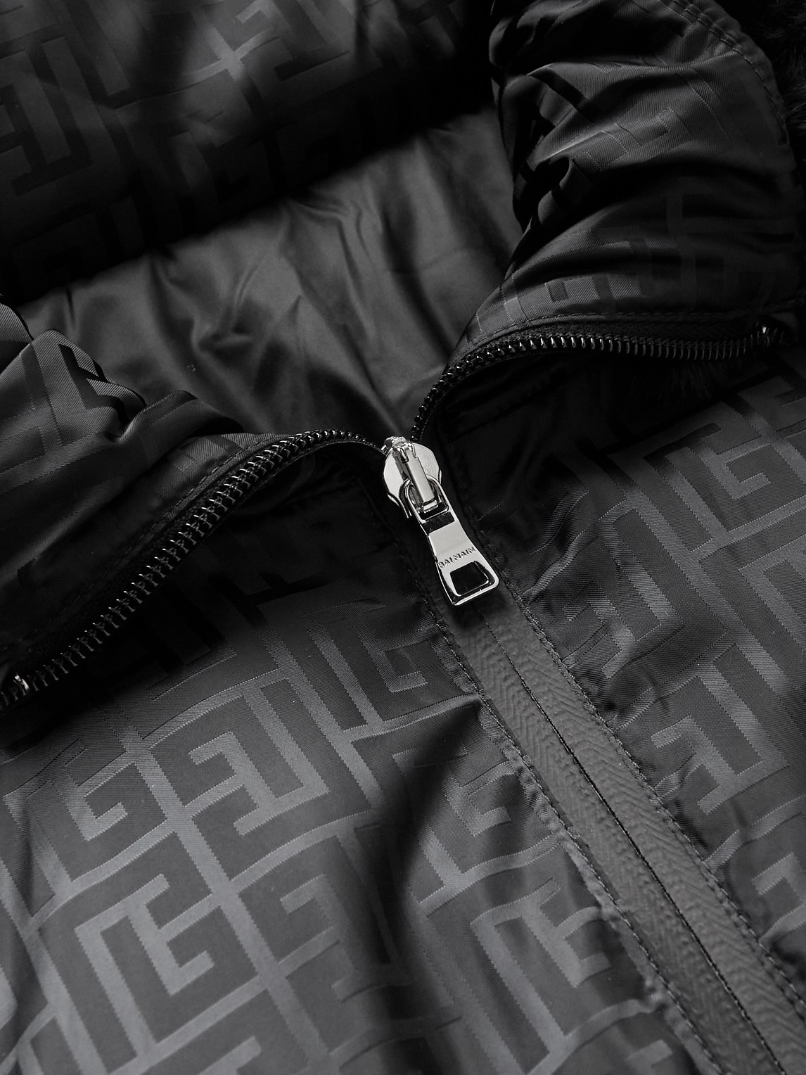  Balmain - Faux Fur-trimmed Padded Monogrammed Shell Hooded Jacket - Men - Black - It 44 
