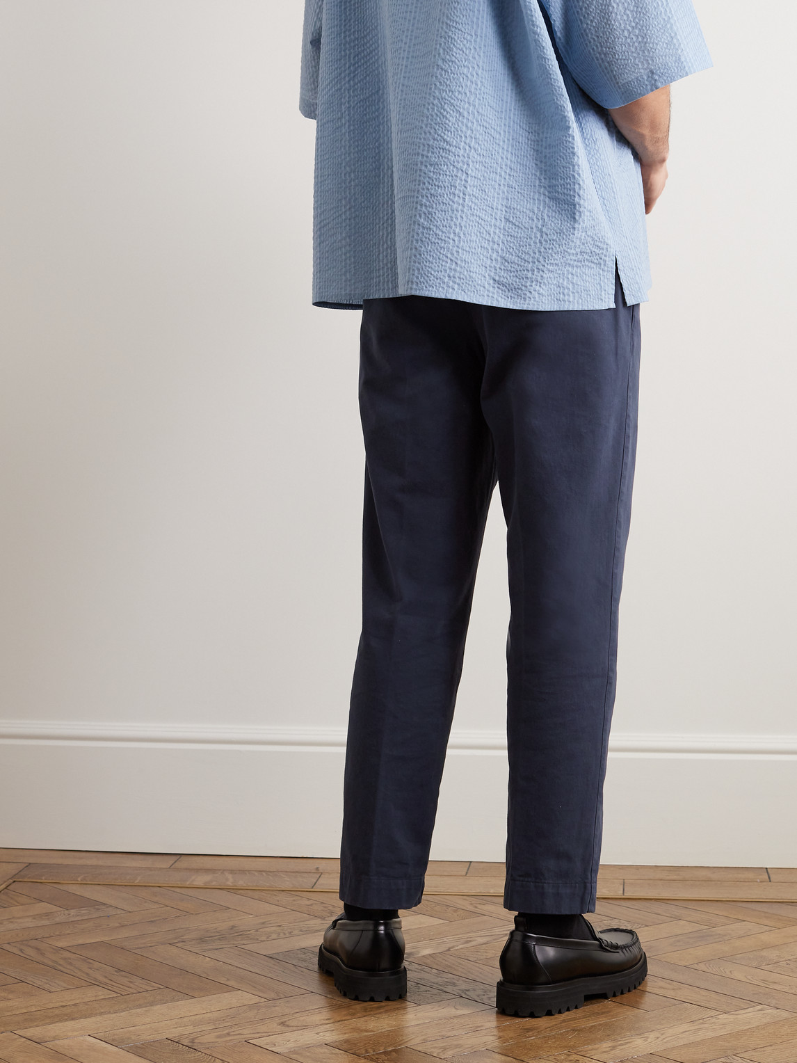 Shop Officine Generale Straight-leg Belted Cotton-twill Trousers In Blue