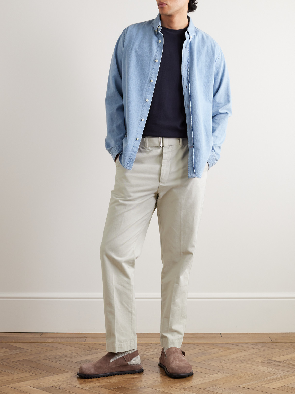 Shop Officine Generale Straight-leg Belted Cotton-twill Trousers In Neutrals