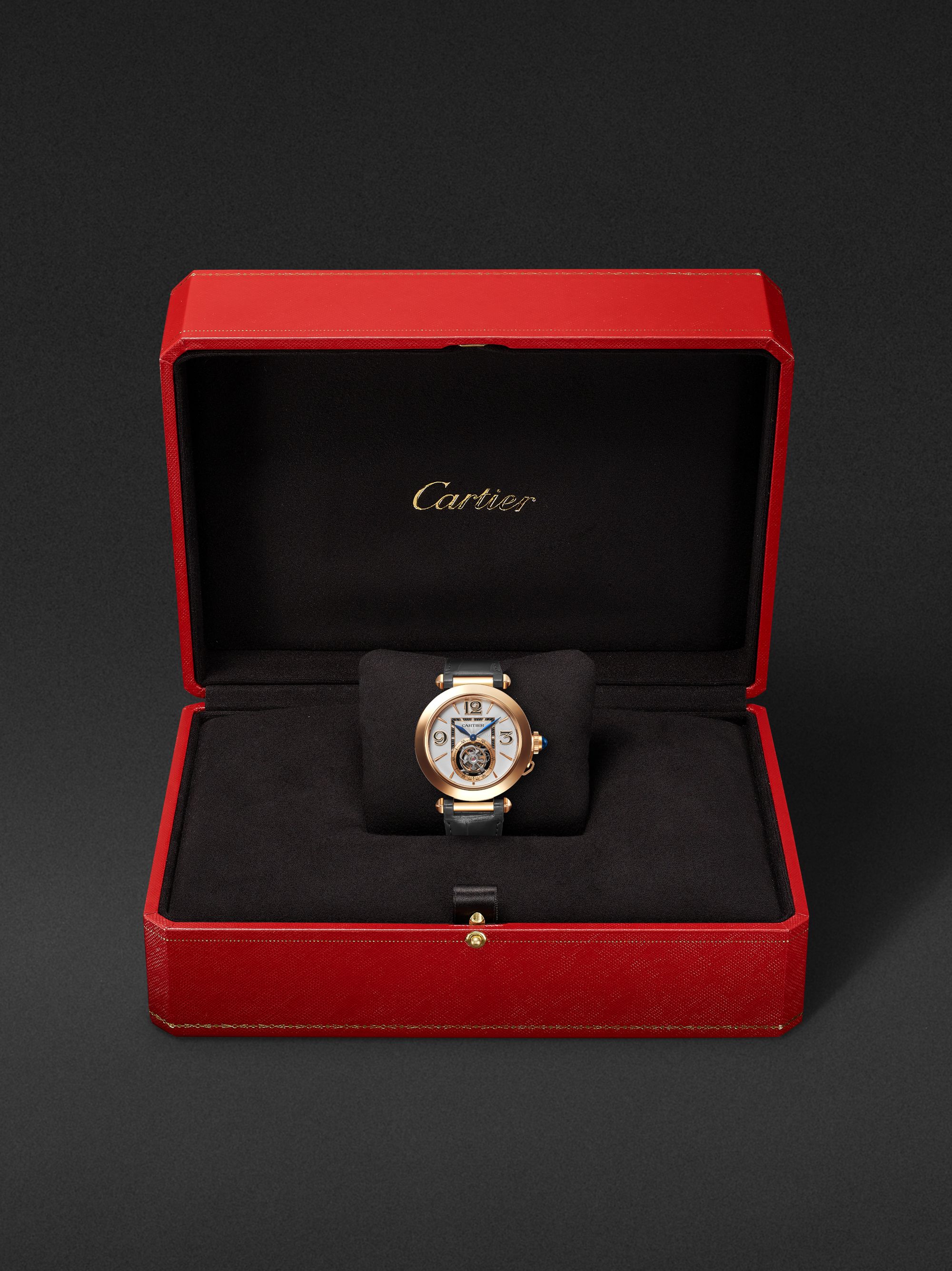 CARTIER Pasha de Cartier Automatic Tourbillon 41mm 18-Karat Rose Gold and Alligator Watch, Ref. No. WHPA0010