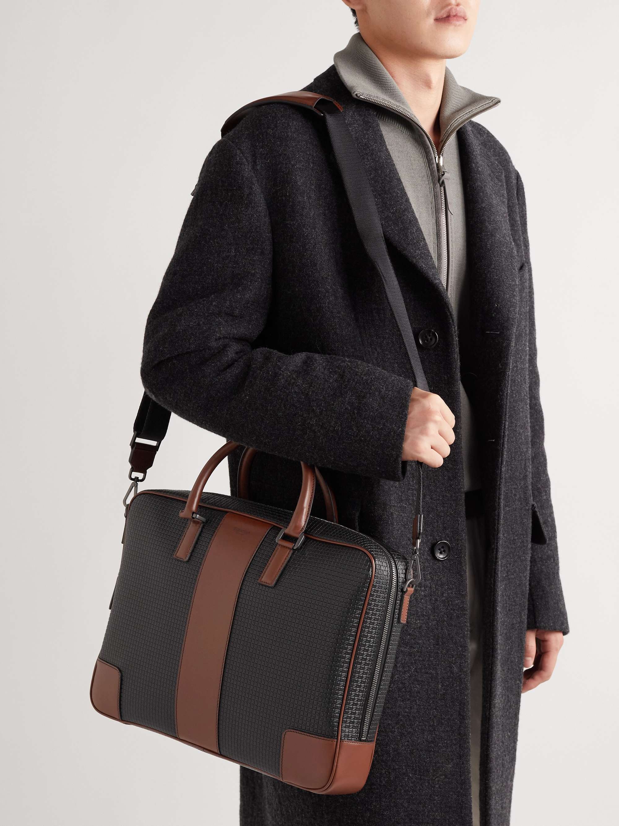 SERAPIAN Stepan Leather-Trimmed Monogrammed Coated-Canvas Briefcase