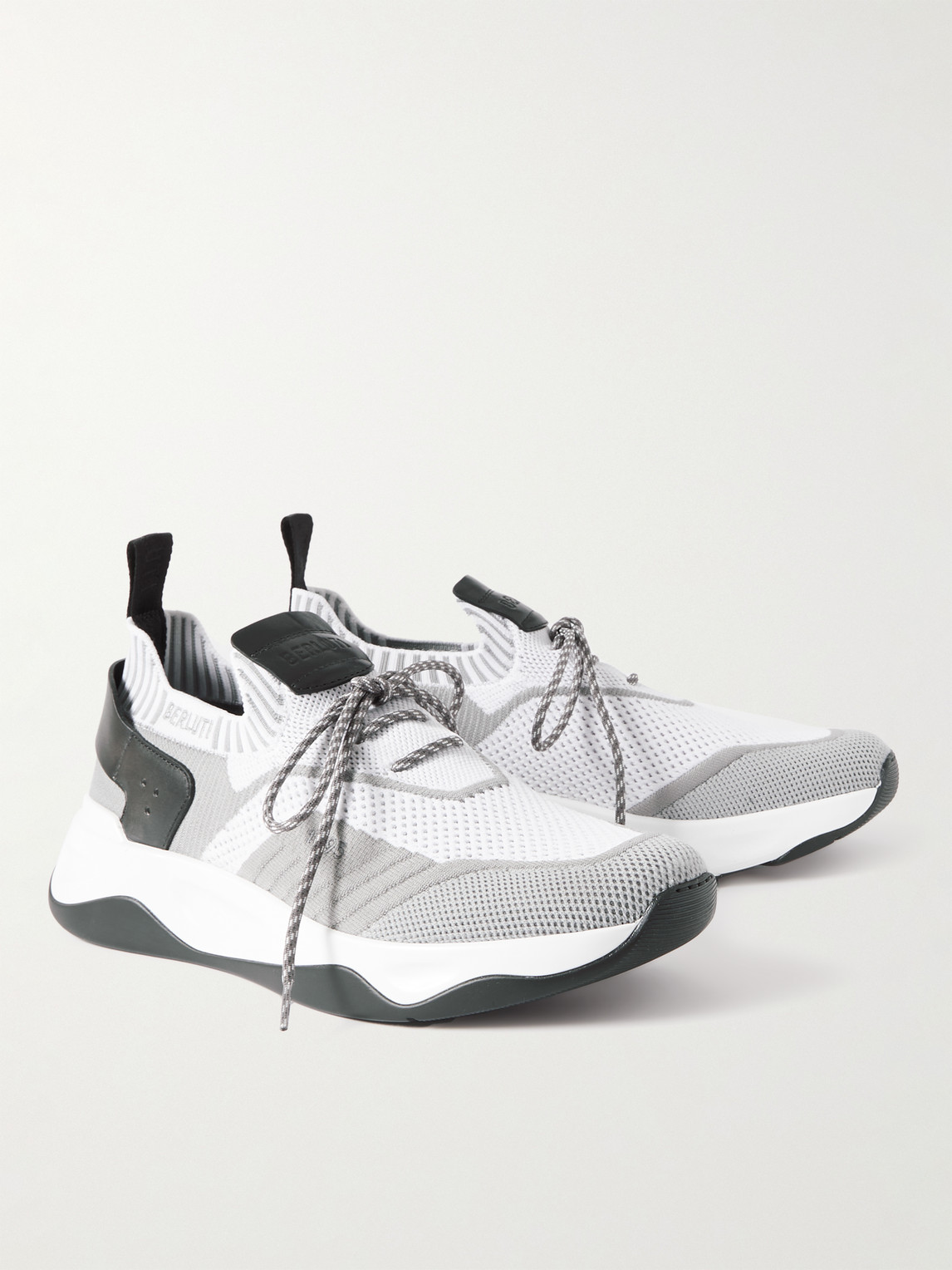 Shop Berluti Venezia Leather-trimmed Stretch-knit Sneakers In White