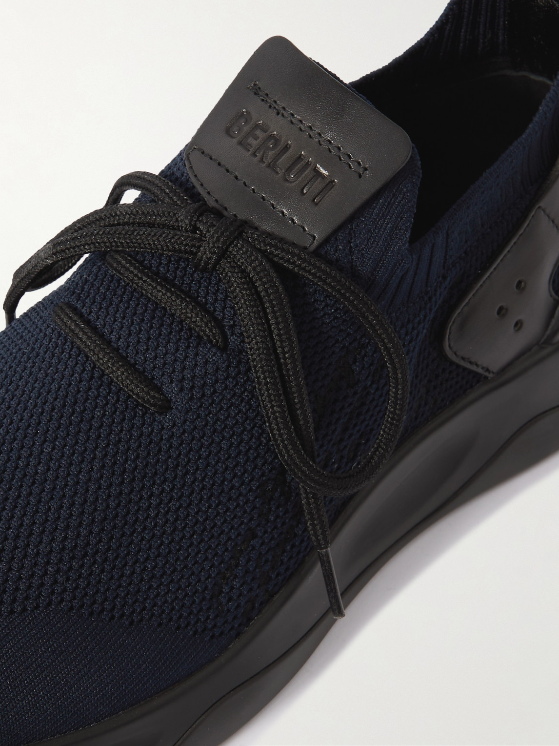 Shop Berluti Shadow Venezia Leather-trimmed Stretch-knit Sneakers In Blue