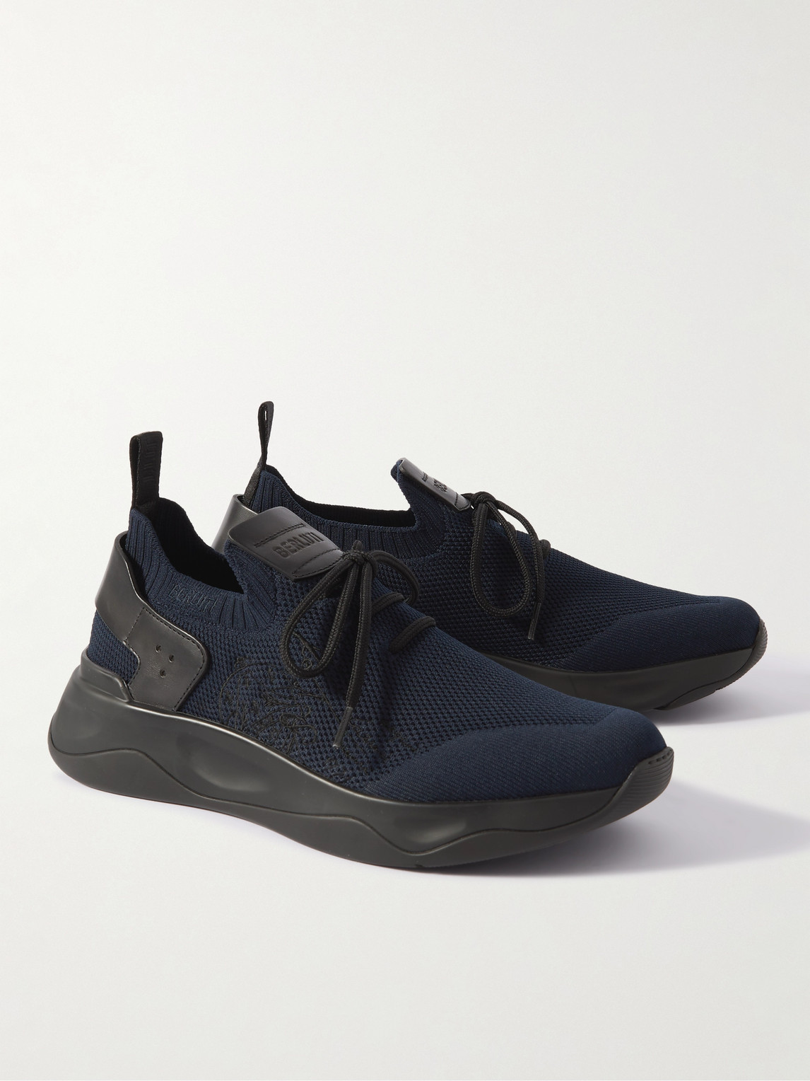 Shop Berluti Shadow Venezia Leather-trimmed Stretch-knit Sneakers In Blue