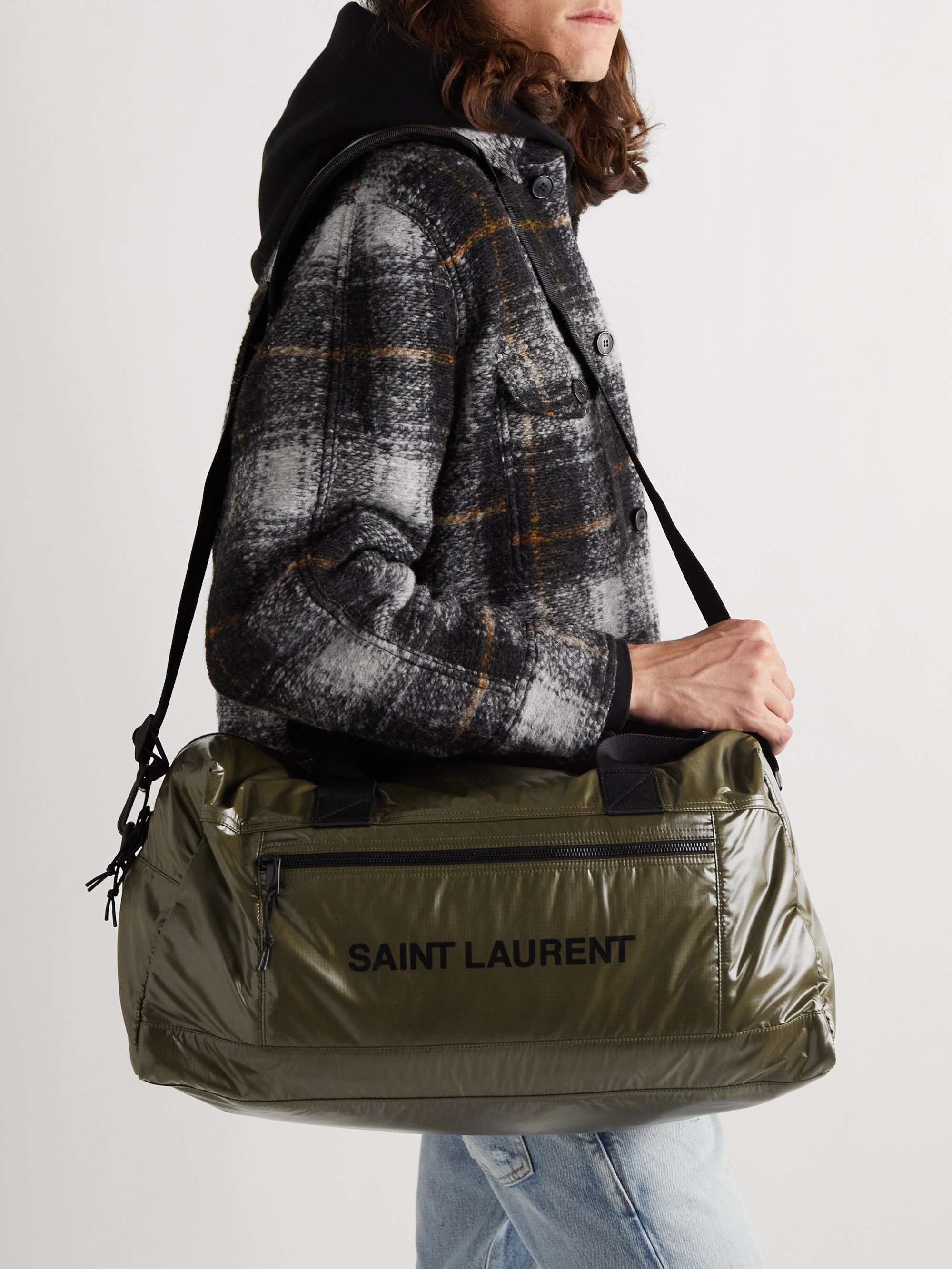 SAINT LAURENT Logo-Print Glossed-Nylon Duffle Bag
