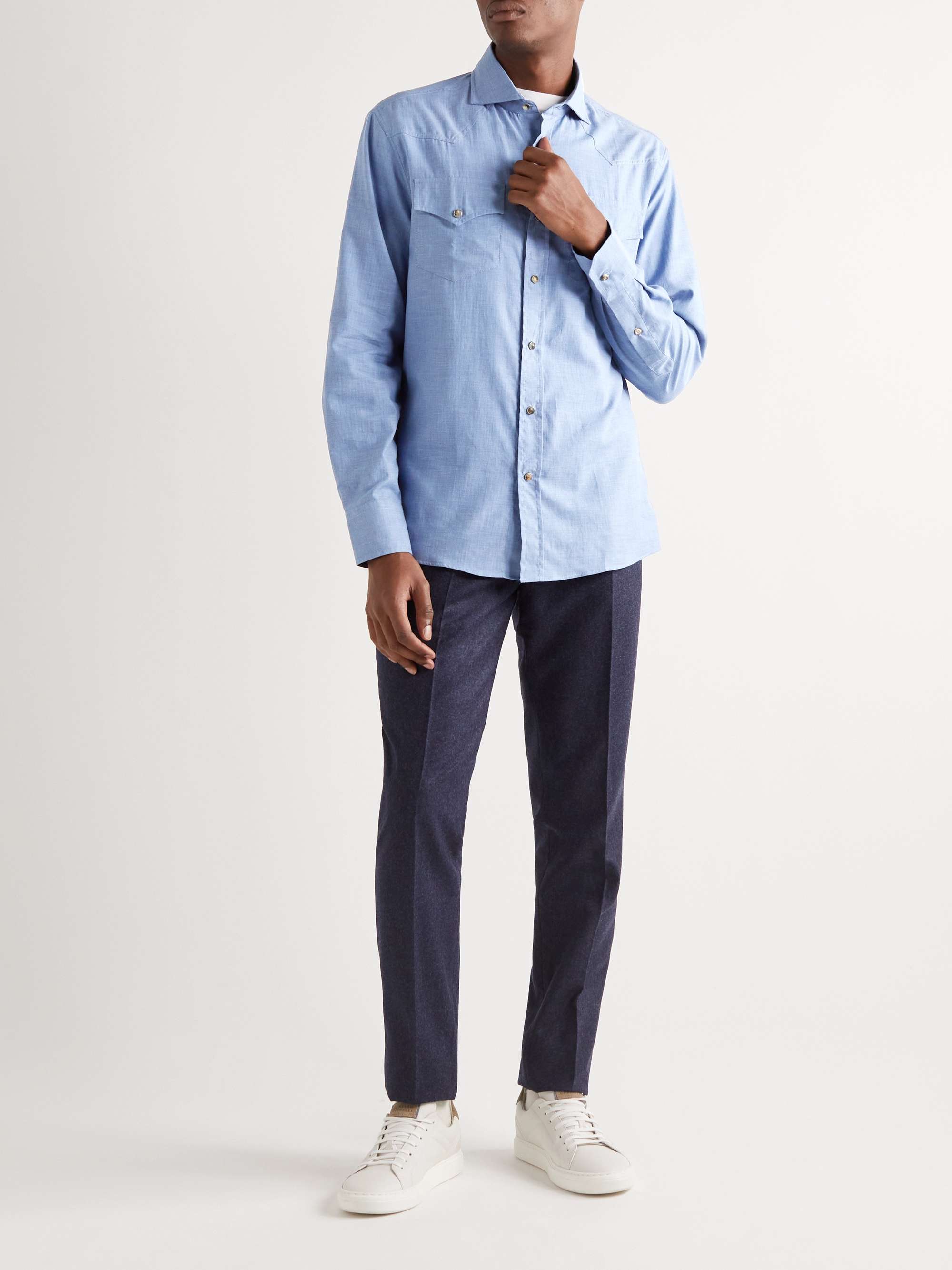 BRUNELLO CUCINELLI Cutaway-Collar Cotton-Chambray Western Shirt