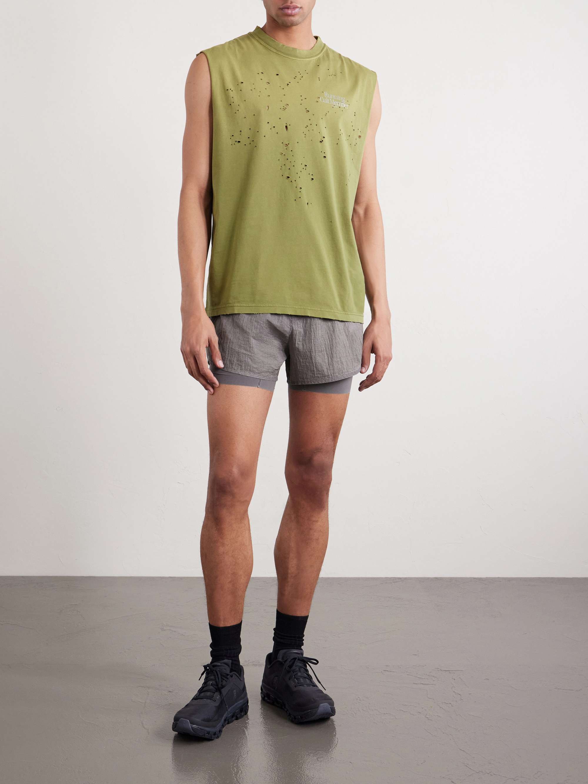 SATISFY Distressed Logo-Print MothTech™ Cotton-Jersey Tank Top