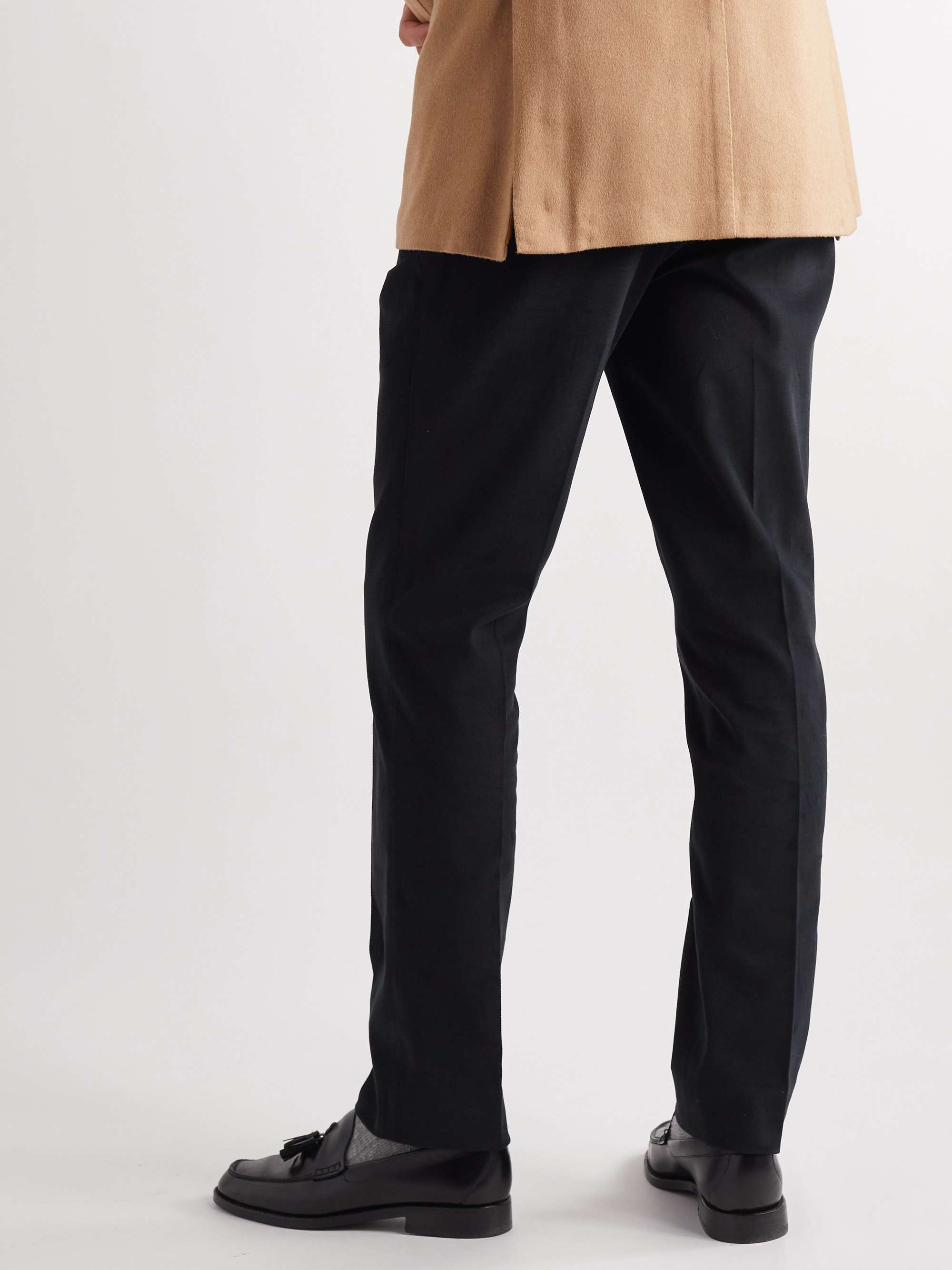 SAMAN AMEL Straight-Leg Pleated Cotton-Blend Twill Trousers