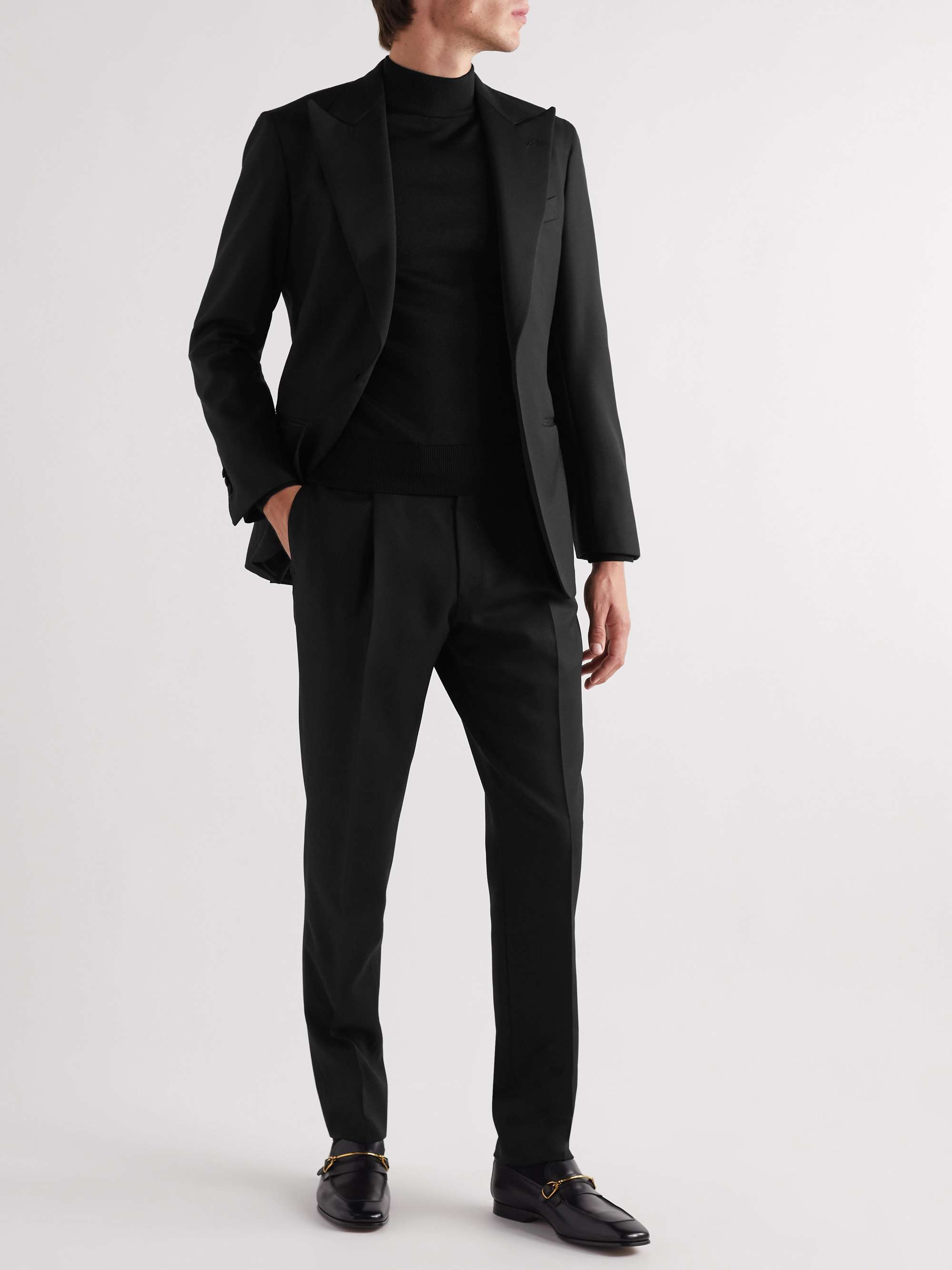 SAMAN AMEL Straight-Leg Pleated Wool-Twill Tuxedo Trousers