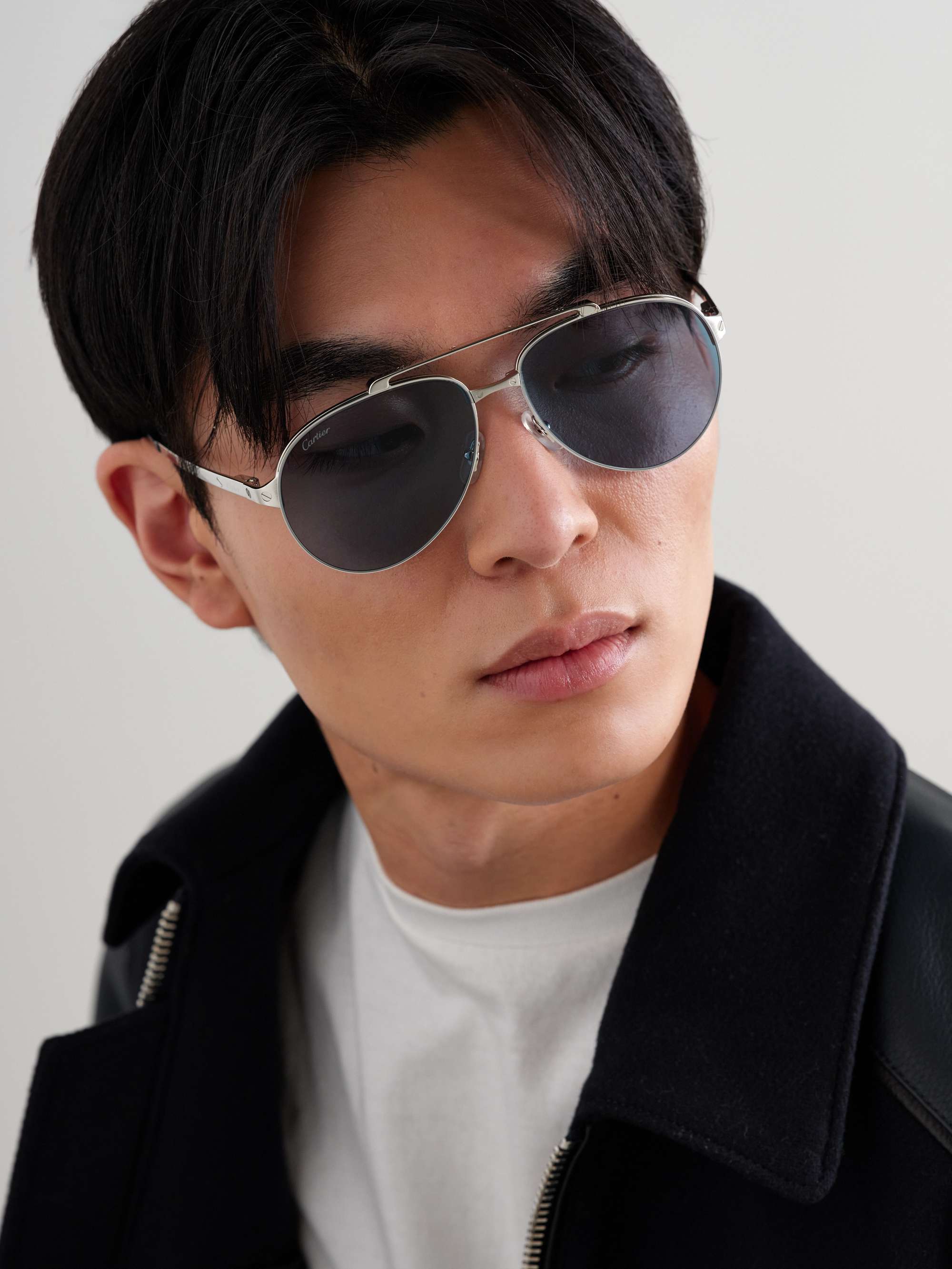 CARTIER EYEWEAR Santos Evolution Aviator-Style Silver-Tone Sunglasses